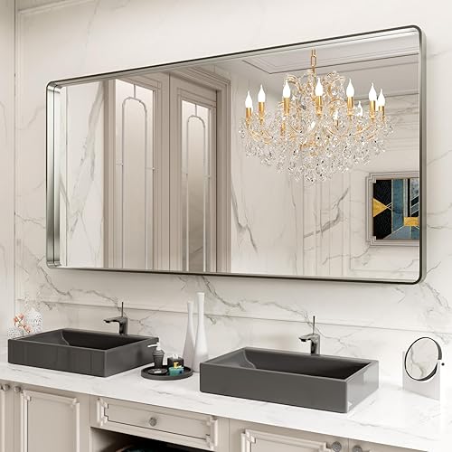 LOAAO - Espejo de bañotocador con marco de metal níquel cepillado plateado, 72x36 pulg, rectangular, redondeado, antióxido, inastillable, horizontal