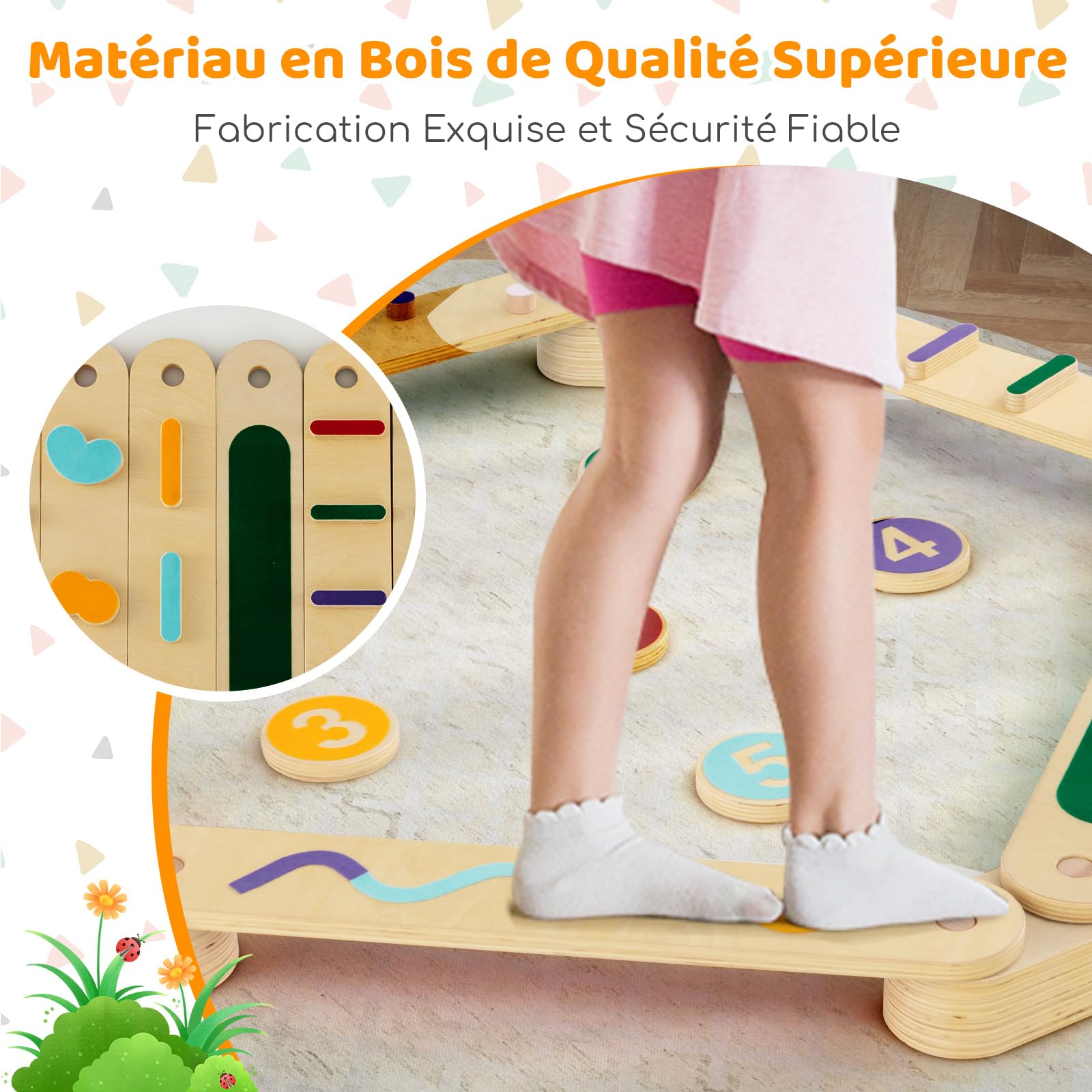 GOPLUS Poutre d'Equilibre Enfants, Poutre d'Equilibre Montessori Bois avec Tremplins, Double Face, Combinaison Libre, Parcours d'Obstacles pour Enfants 1 Ans,Charge 60KG Multicolore