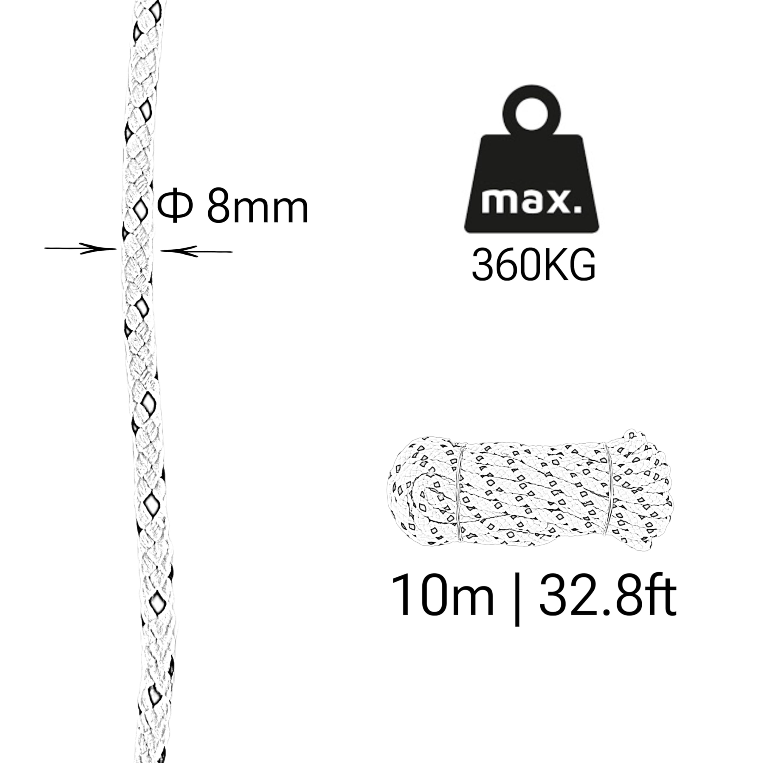 Matte polyester cord rope, 8MM * 10M, made in Spain, for DIY awnings, camping, banners. White with Black - Image 3