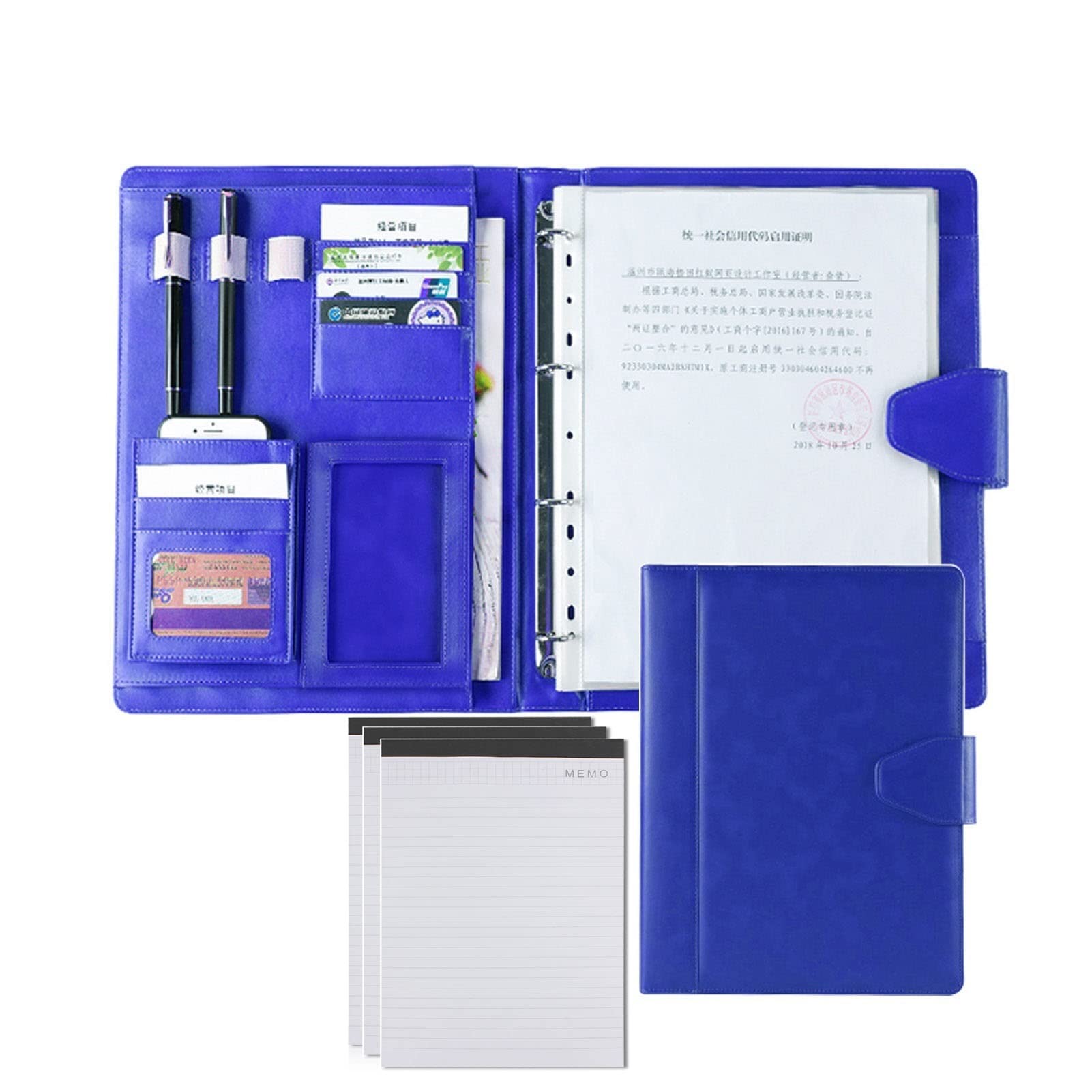 Teczka konferencyjna Organizer na dokumenty， Teczka A4 z schowkiem i miejscem do przechowywania, teczka z imitacji skóry na notes A4(Blauw,No calculator)