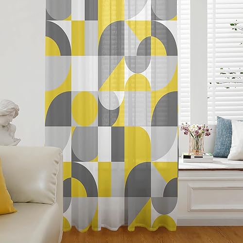 Yellow Grey Window Curtains 54 Inches Long,Semi Sheer Rod Pocket Chiffon Curtains Drapes Drapery Voile Draperies Window Treatment for Living