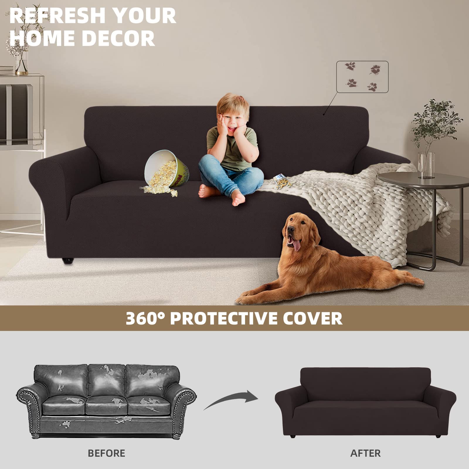Ystyle Funda de Sofá Elástica 3 plazas, Fundas para Sillones Ajustables con Reposabrazos, Moderna Cubre Sofa Antideslizante Antimanchas Lavable, Protección para Perros y Mascotas, Café