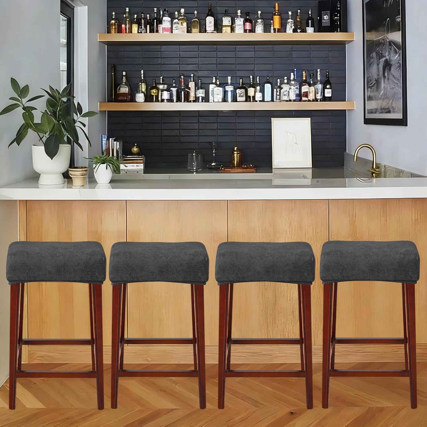 FUANGUI Bar Stool Covers Set of 4, Rectangle Faux Leather Looking Stretch Bar Stool Chair Cover Slipcovers, Counter Stool Bar Chair Covers for Kitchen Pub Dining Room Retro Style Home Deco- Black
