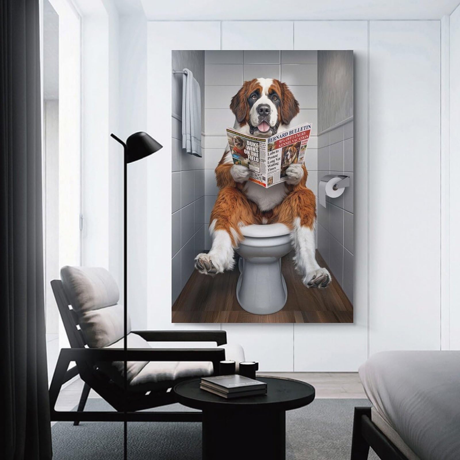 Junmoney Unframe-Style-8 St Bernard On The Toilet Room Decor Wall Art, 24X36inch(60X90cm), For Living Room, Bedroom, Office Or Hallway, Decorative Artwork With Broad Appeal