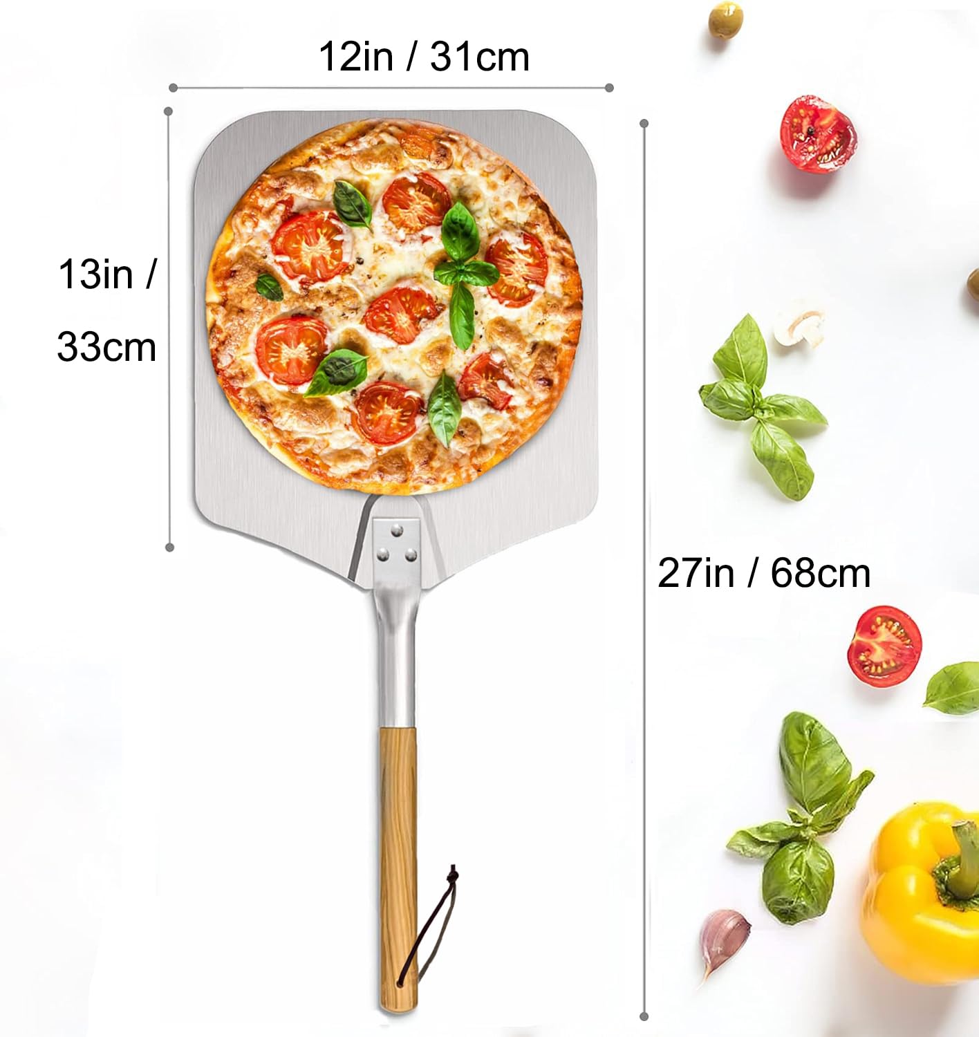 Pala para Pizza 12 inch Espatula Pizza con Superficie Grande 31 cm x 33 cm - Longitud Completa 68cm, Aluminio Anodizado Duradero y Manija en Madera Maciza Natural, Mango Extraíble