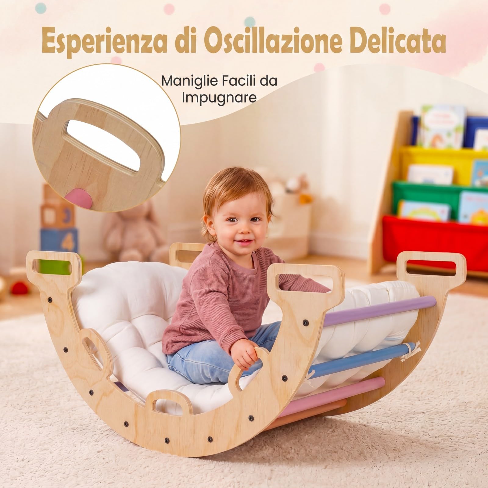 COSTWAY Arco da Arrampicata Bambini, Giocattolo da Arrampicata Versatile in Legno Massello, Cuscino Morbido, Altalena ad Arco Educativa con 10 Maniglie per Bambini 3+ Anni (Multicolore)