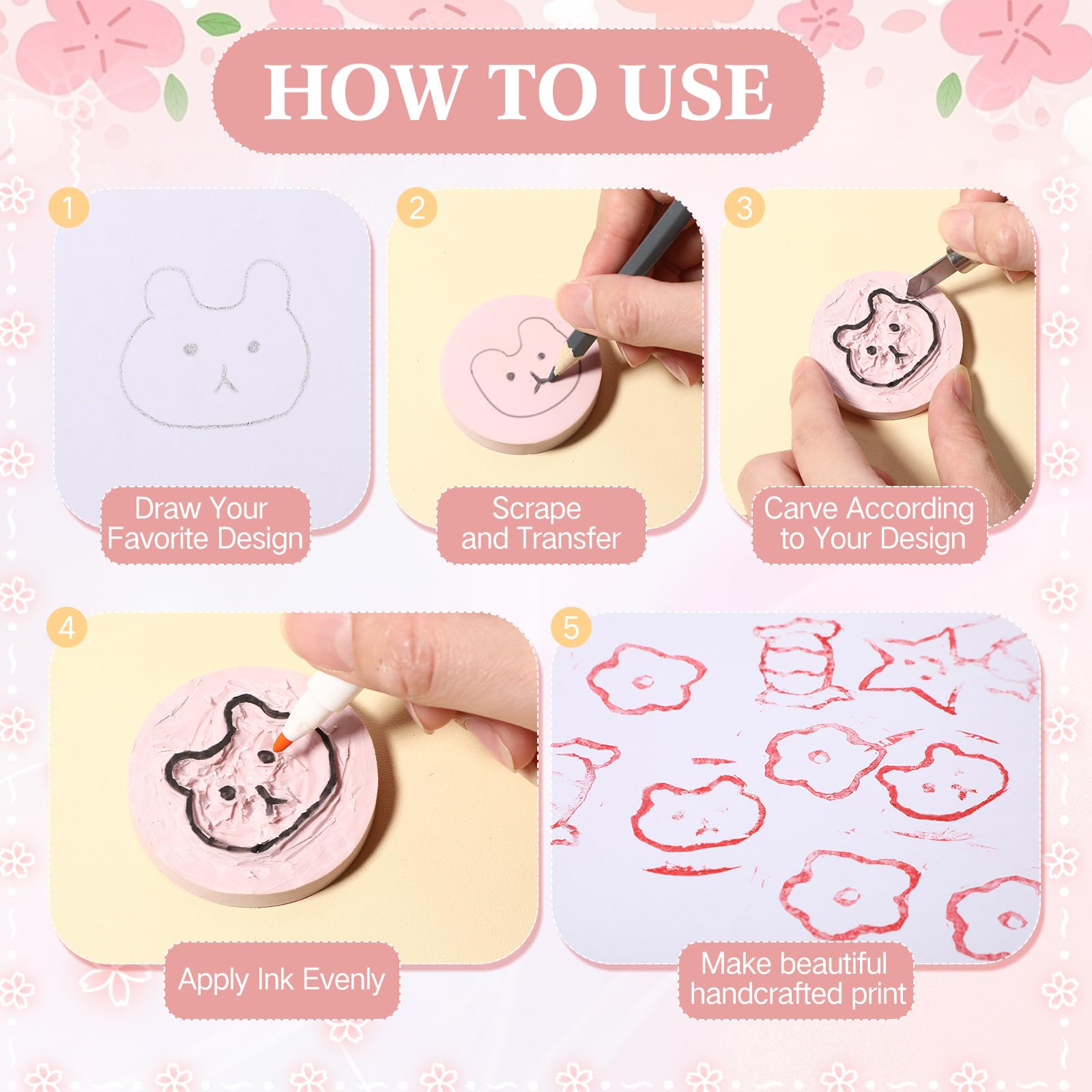 48 blocchi di linoleum in gomma rosa per la stampa 10,2 x 15,2 cm, 5,1 x 5,1 cm, 5,1 cm, 3 forme, kit per la creazione di timbri per artigianato e progetti artistici fai da te