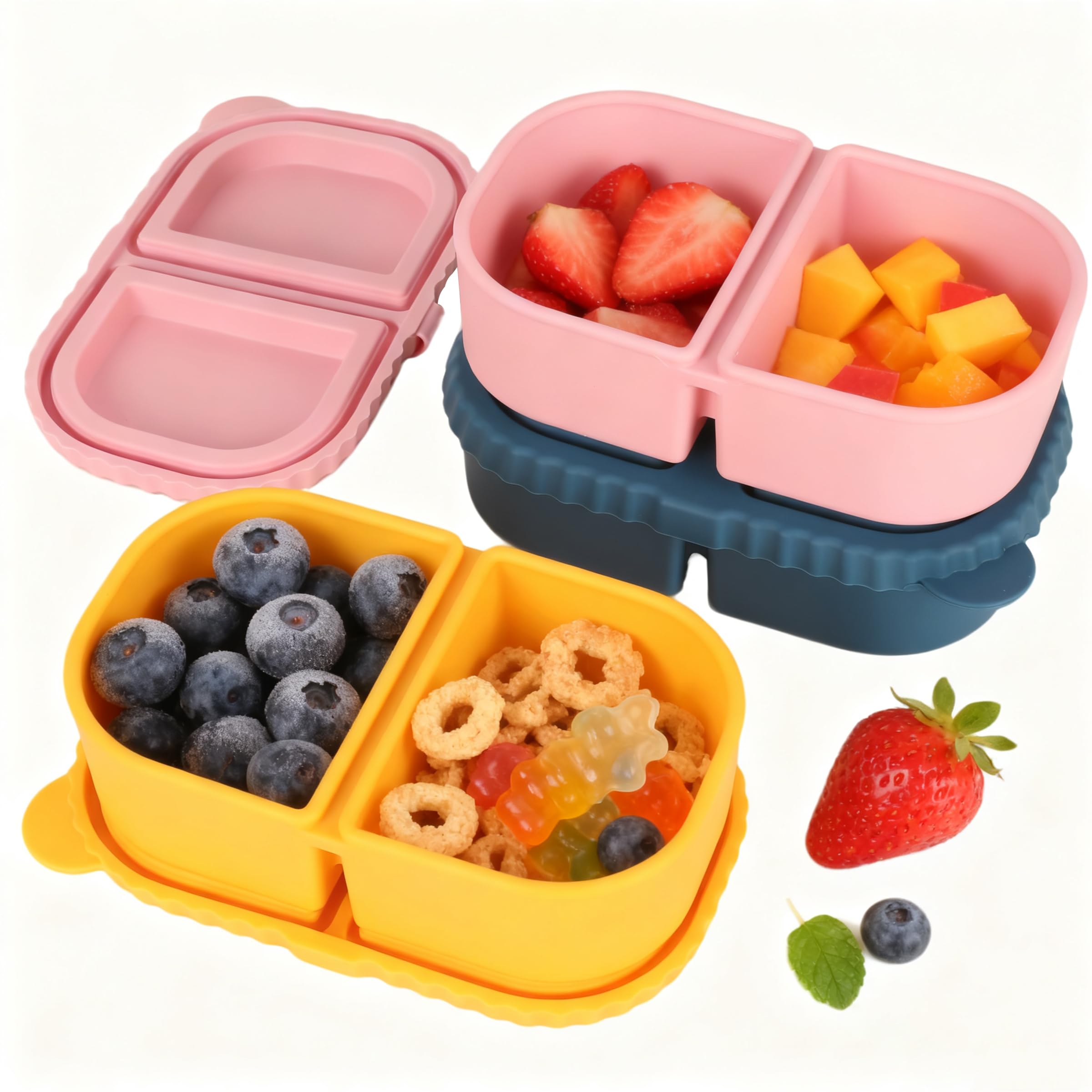 ZHABAYEN 3Pcs Reusable Silicone Snack Containers with Lids, 2 Compartment Food Storage Box, Snack and Dip Container, Portable Snackle Box for School, Office, Picnic