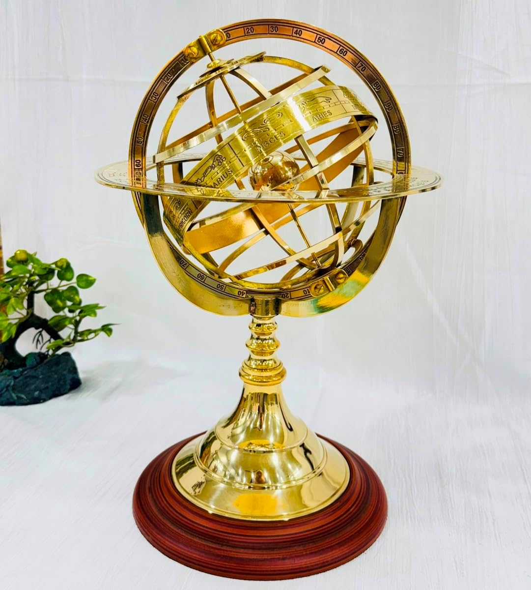 THOR INSTRUMENTS Antique Vintage Zodiac Armillary Brass Sphere Globe Wooden Base Pirate's Antique Ship Nautical Sphere Globe (Brass 15 inch)