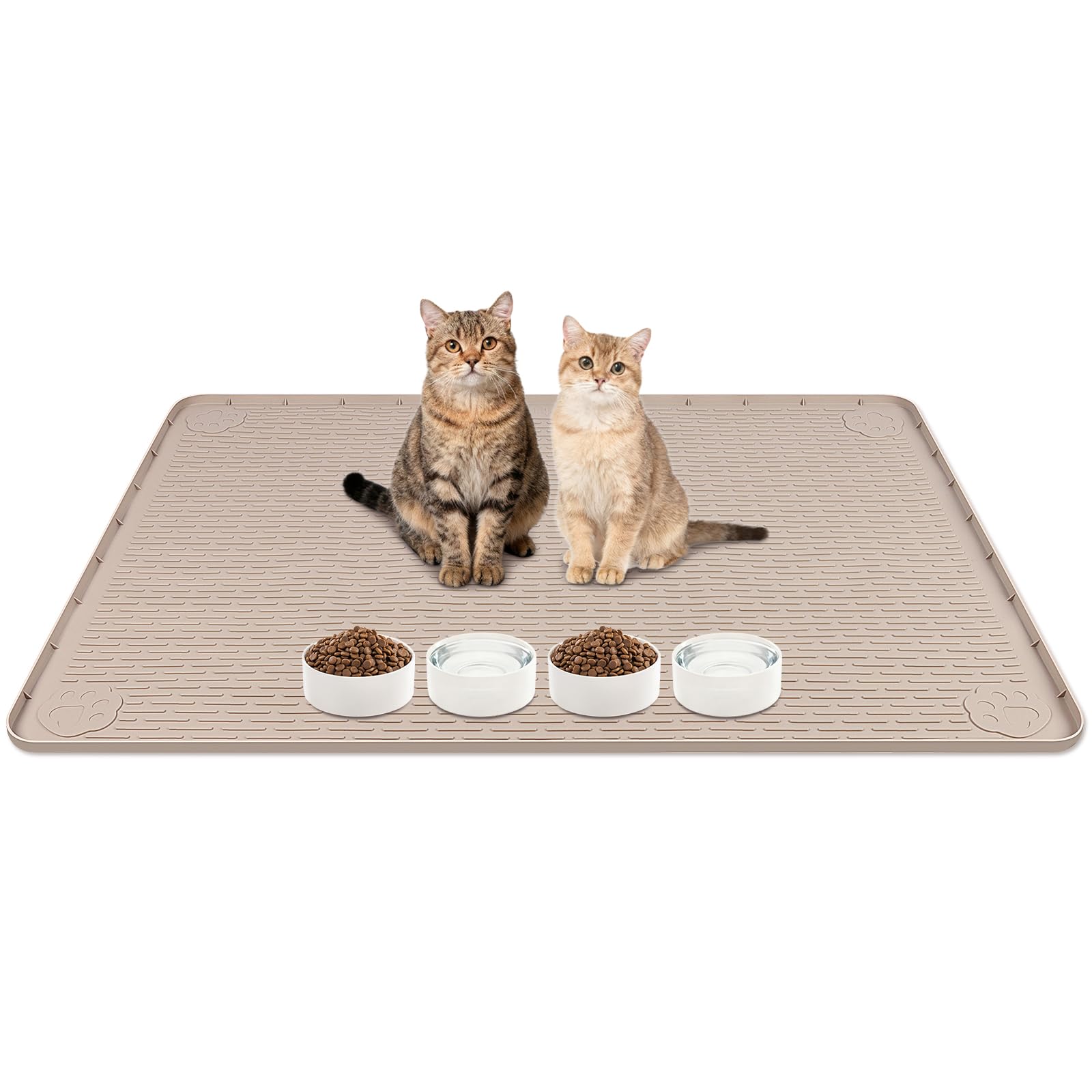 Kalolary Cat Litter Mat, Extra Large 40" x 28" Cat Silicone Litter Mat for Scatter Control Waterproof Easy to Clean Kitty Under Box Trapping Mat Soft on Kitty Paws (Khaki)