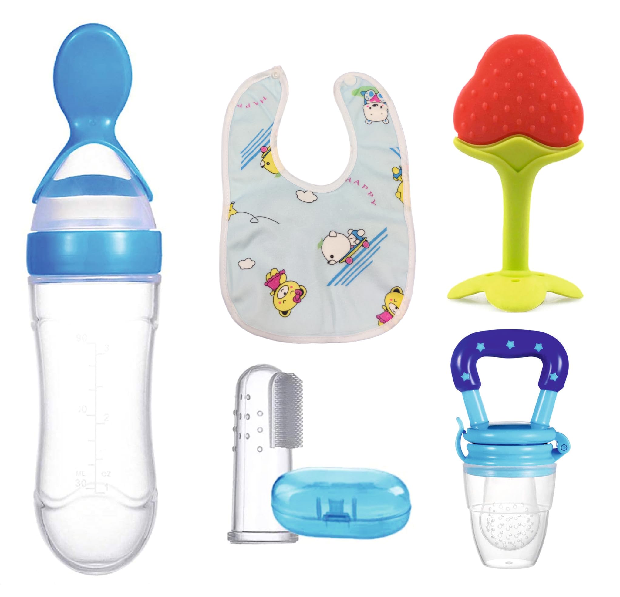 Roforuf Silicone Baby Food Dispensing Spoon Bottle 90ML 1pc, Fruit Feeder/Nibbler/Pacifier 1pc, Fruit Shape Teether 1pc, Finger Tooth Brush 1pc and Baby bib 1pc (Pack of 5 Blue)