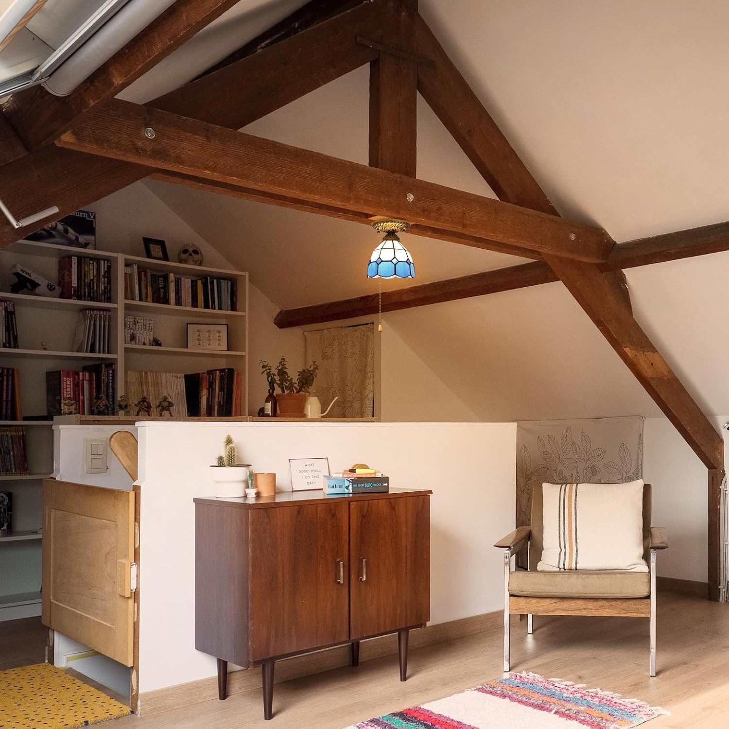 RV Geometry Light with Zipper Switch 12V RV Hallway Light Fixtures, E26 E27 Blue Cone Shape Stained Glass Semi Flush Mount Interior Lighting Decorative Ceiling for RV Camper