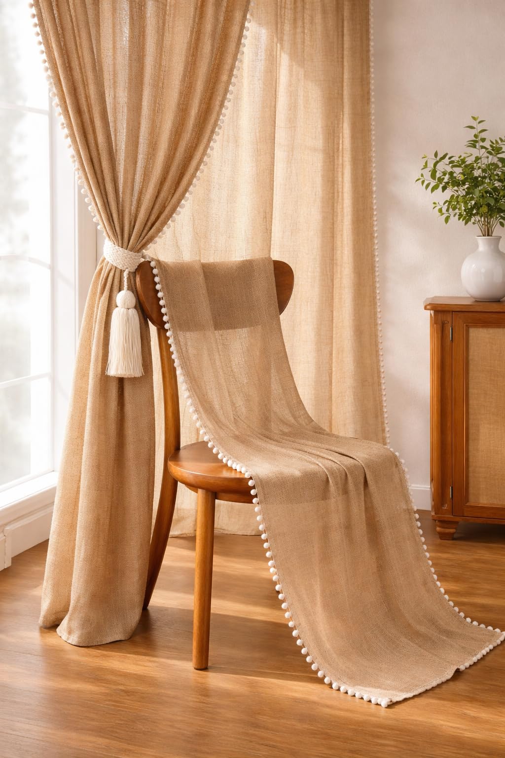 THE LINEN COMPANY Cotton Sheer Curtains with Pom Pom Lace Border Transparent Net Curtains Rod Pocket Light Filtering Window Door Living Room Curtain Beige 10 Ft Pack of 2