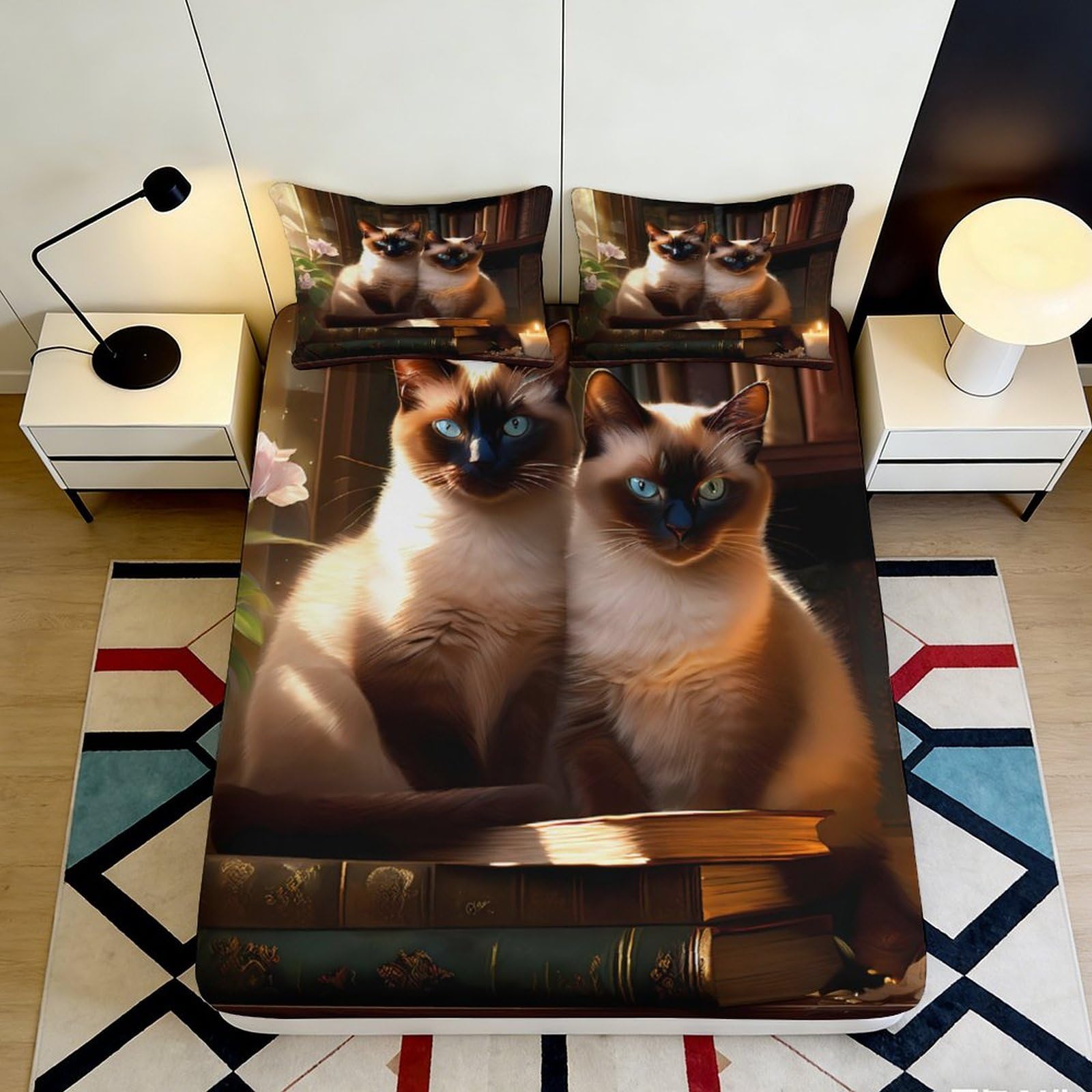 3D Printed Siamese Cat Fitted Sheet Microfiber Soft Bedroom Decor Animal Pattern Mattress Cover for Home Dorm 90x200x25cm