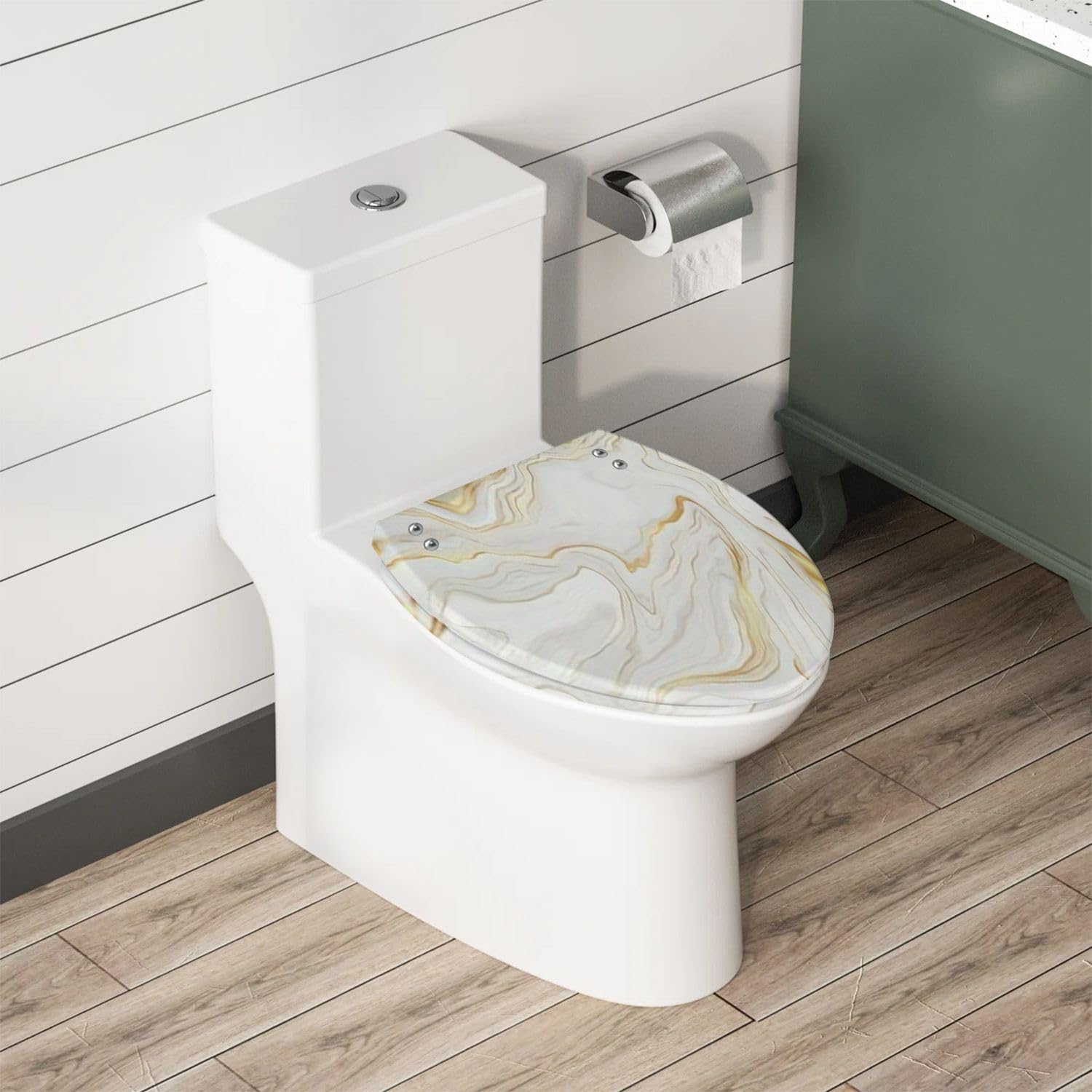 Elongated Toilet Seat Luxury Gold Marble texture Panoramic Marbling texture Resin Toilet Seat with Quietly Close Quick Release Hinges Decorative Toilet Seat with Cover Easy to Clean and Install