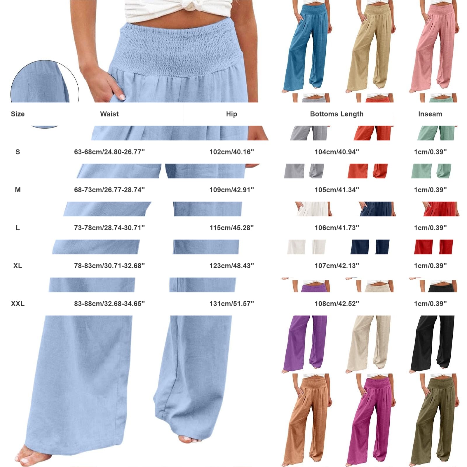 Generisch Pantalon d'été léger pour femme - Taille haute - Taille élastique - Pantalon en tissu - Avec jambes larges - Style décontracté - Avec poches - Couleur unie - En coton - Aéré