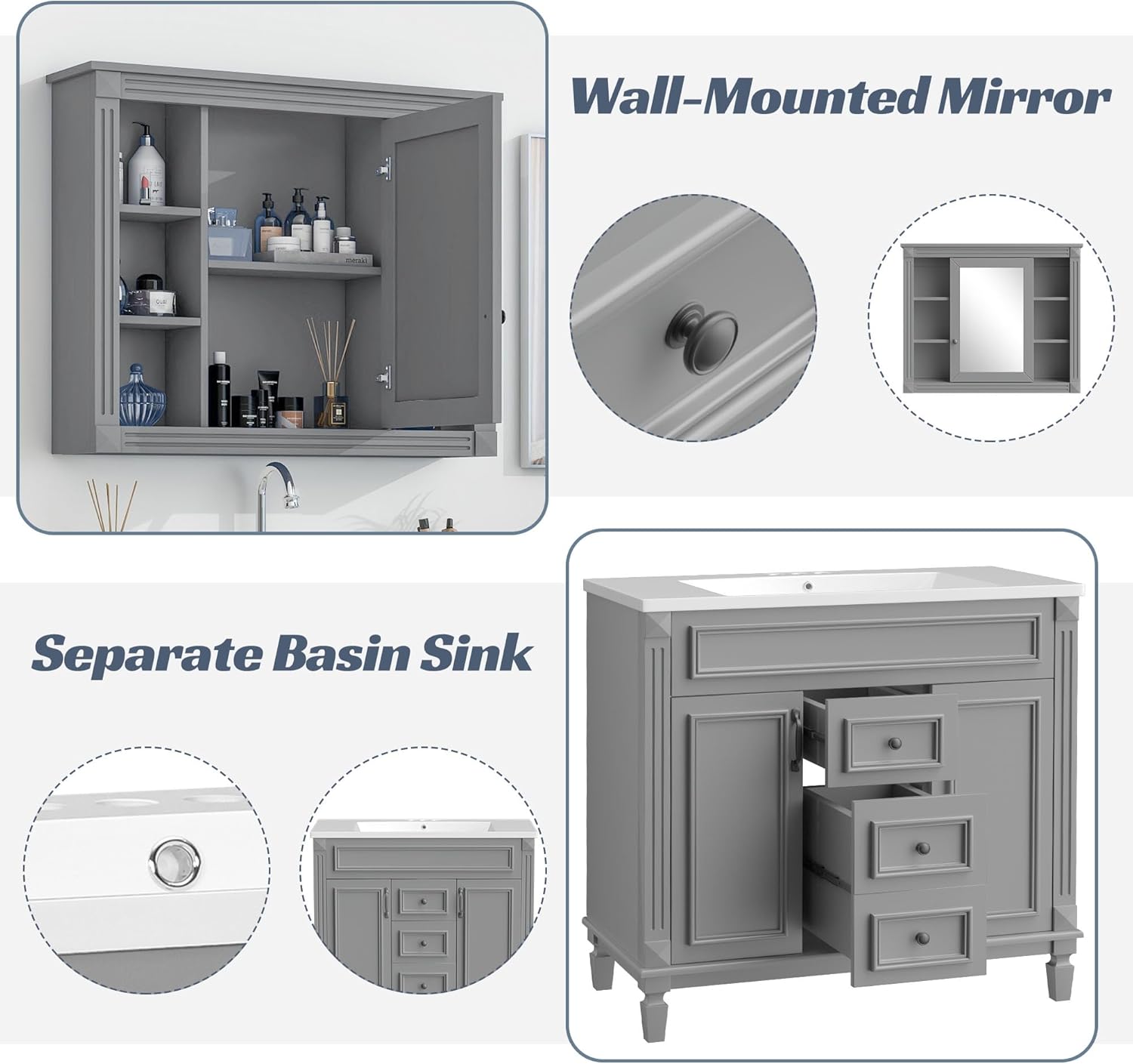 Linique 36'' Modern Bathroom Vanity with Royal Grey Mirror Cabinet, Soft Closing Doors and Drawers, Single Sink, Grey