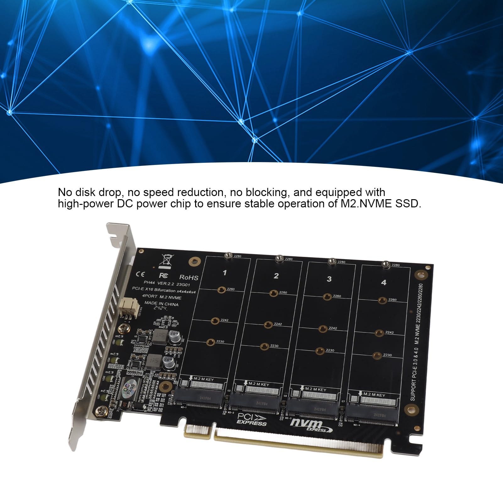 Tarjeta adaptadora, 4 puertos M.2 NVMe SSD a PCIE X16 M Key Hard Drive Converter, lector, tarjeta de expansión, soporta PCIE Split o PCIE RAID función, protocolo de transmisión PCIE 3.0, protocolo de