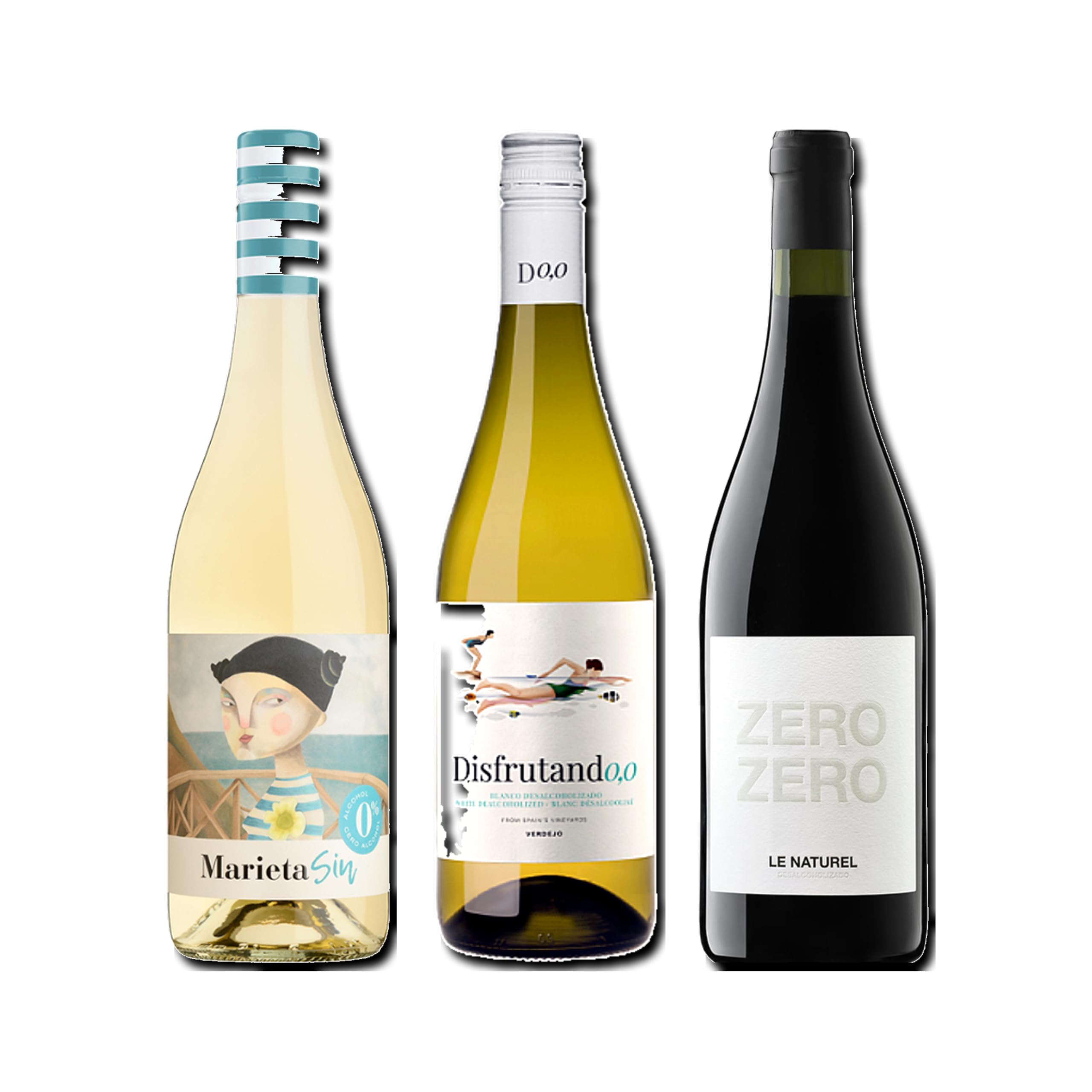 vino sin alcohol 0,0 Marieta, Disfrutando 0,0 Blanco y Le Naturel Zero Zero Tinto pack de 3 botellas 75cl