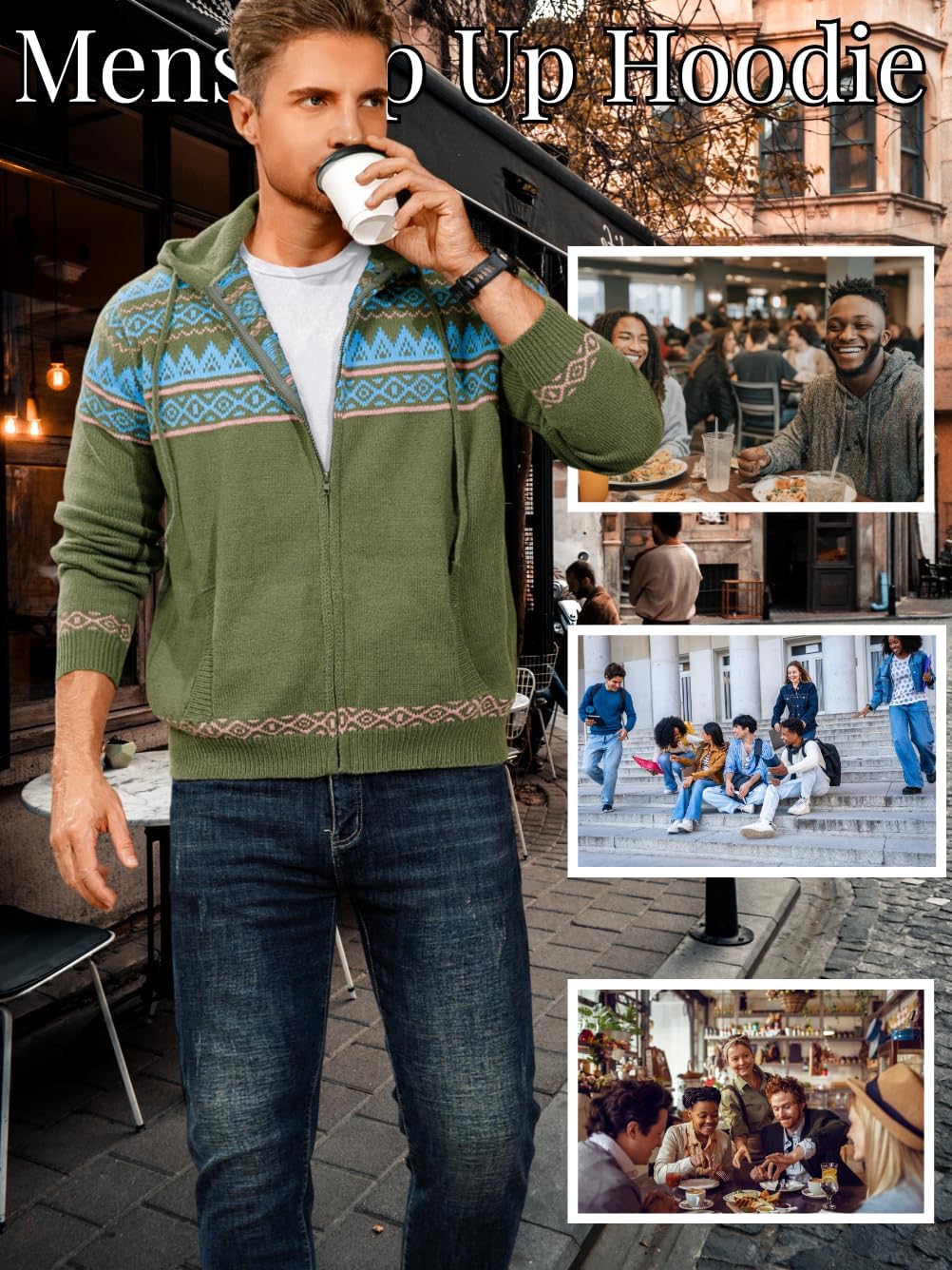 Fair Isle Cardigan Sweaters,Zip Up Sweater Hoodie Men,Casual Work House Going Out Knit Sweatshirt - Image 2