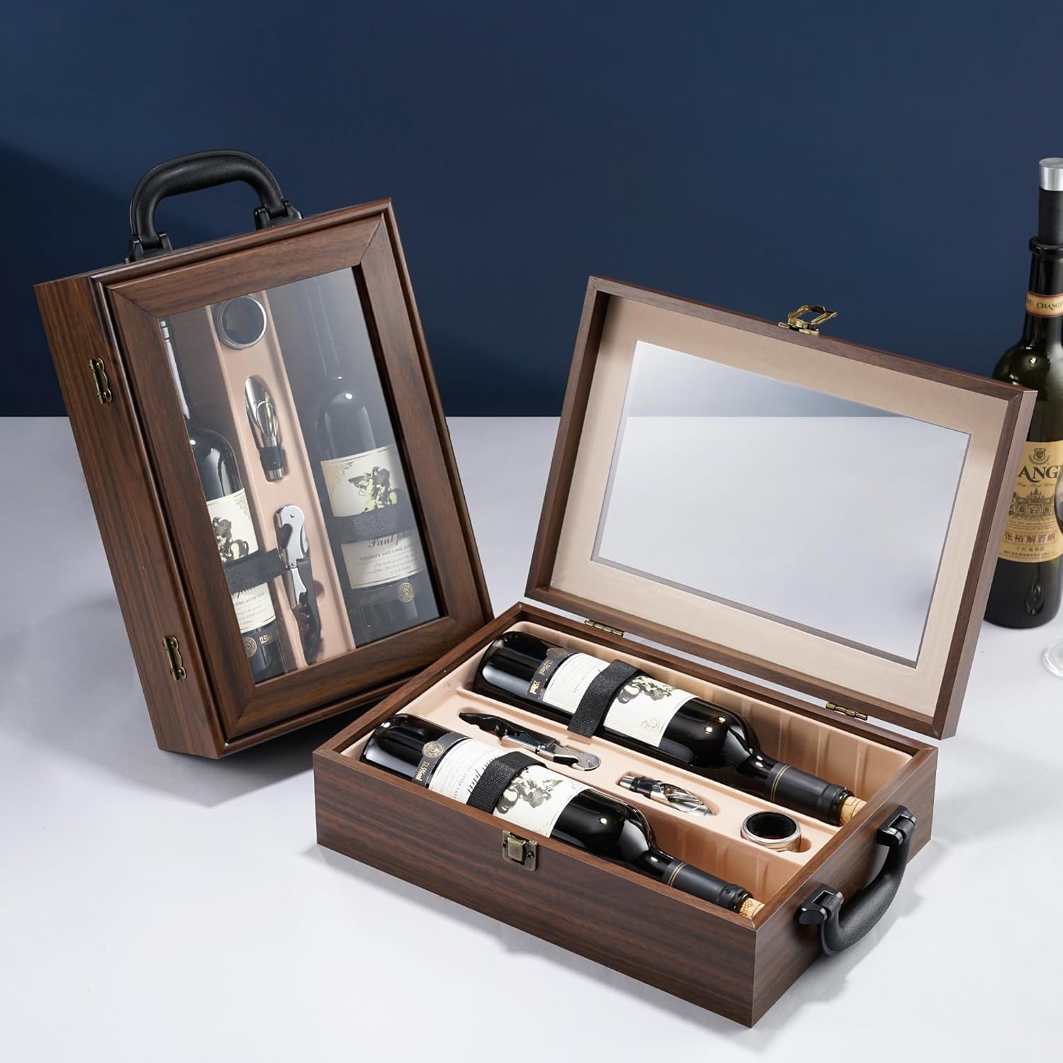 Wine Box, 2 Bottle Top Handle with 3 Accessory Gift for Wedding,Party,Gift,Birthday,Vintage Walnut wood Wine Storage Box for Home Bar Decor,Handmade Premium Carrier Case