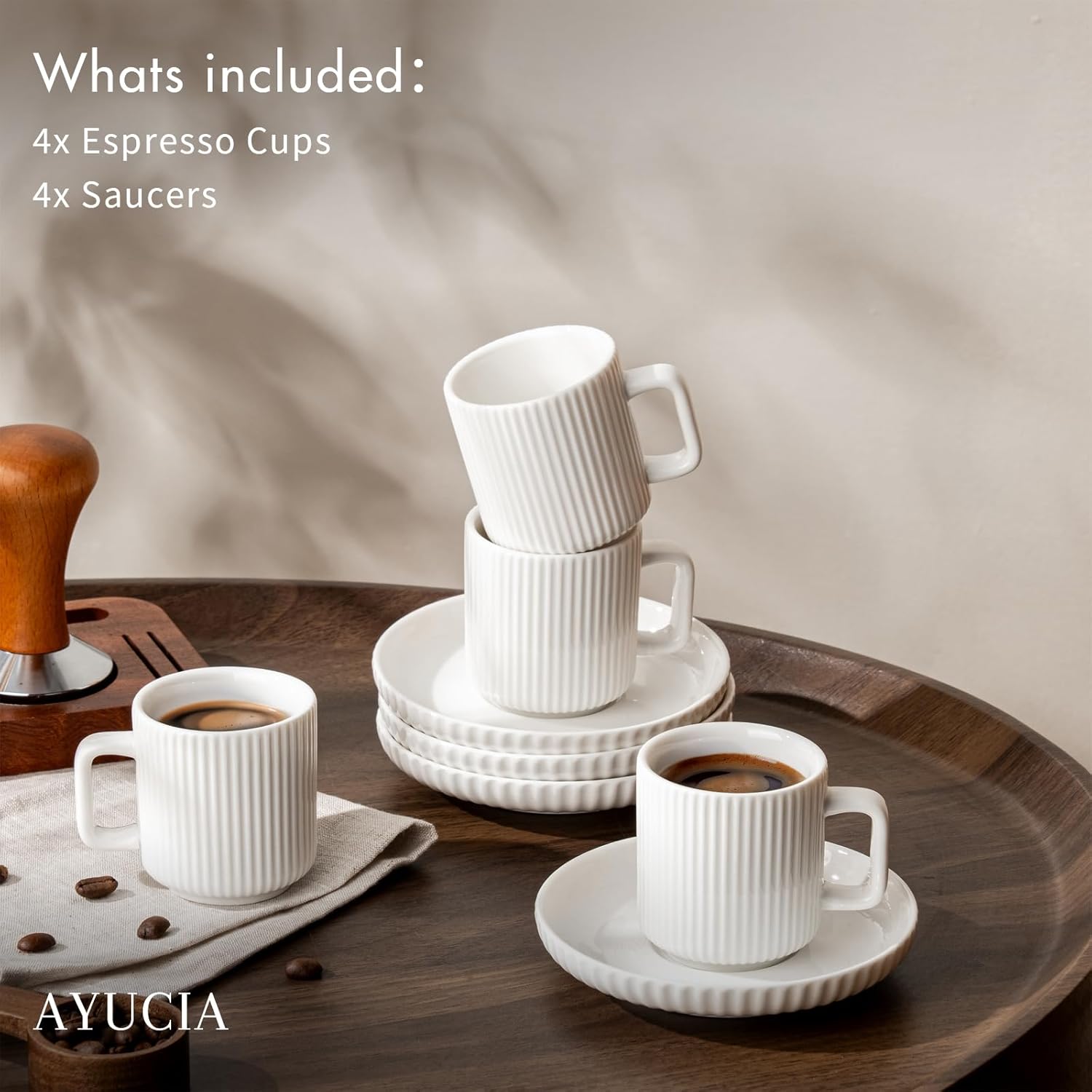 2.5OZ Mini Espresso Cups Set of 4, White Cream Ceramic Demitasse Espresso Mugs with Saucers, Small Coffee Cups for Single/Double Espresso Shots