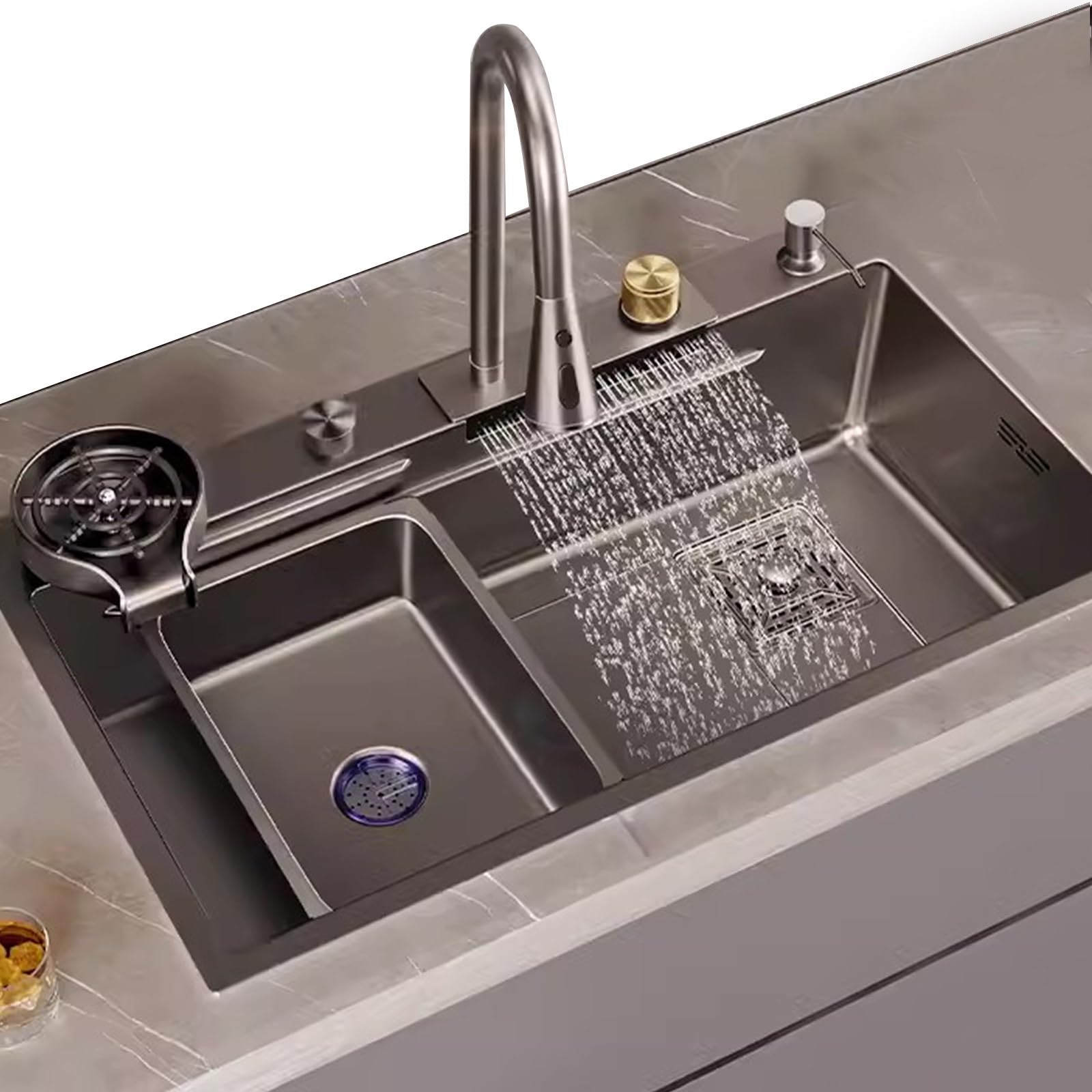 Large Grey Stainless Steel Kitchen Sink with Waterfall Faucet Single Bowl Design Glass Washer & Accessories Included (60x45cm) - Modern Durable for Home