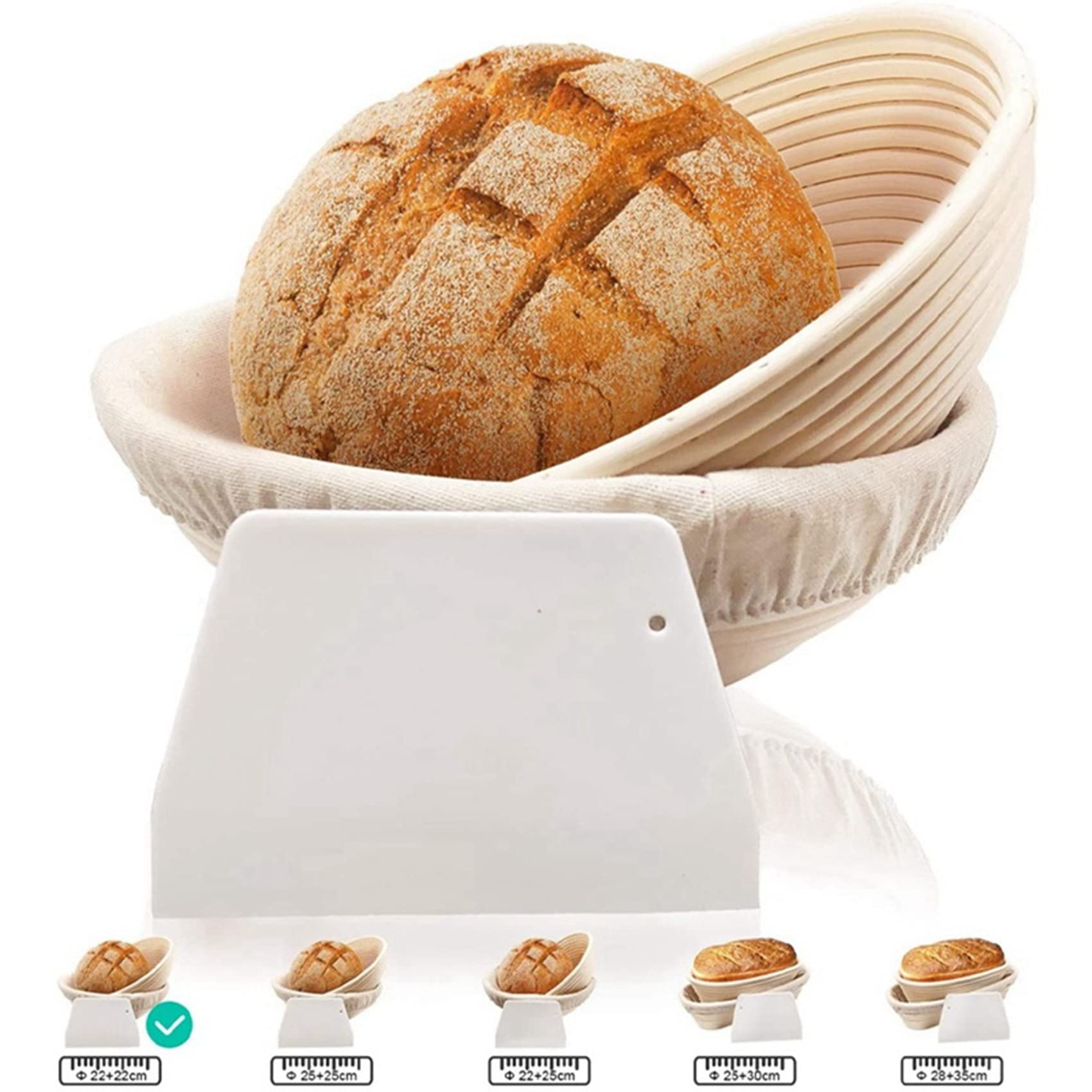 Juego redondo, 4 cestas de levadura para pan y masa de pan, cesta para invitados Banneton con insertos de , juego de espátulas redondas