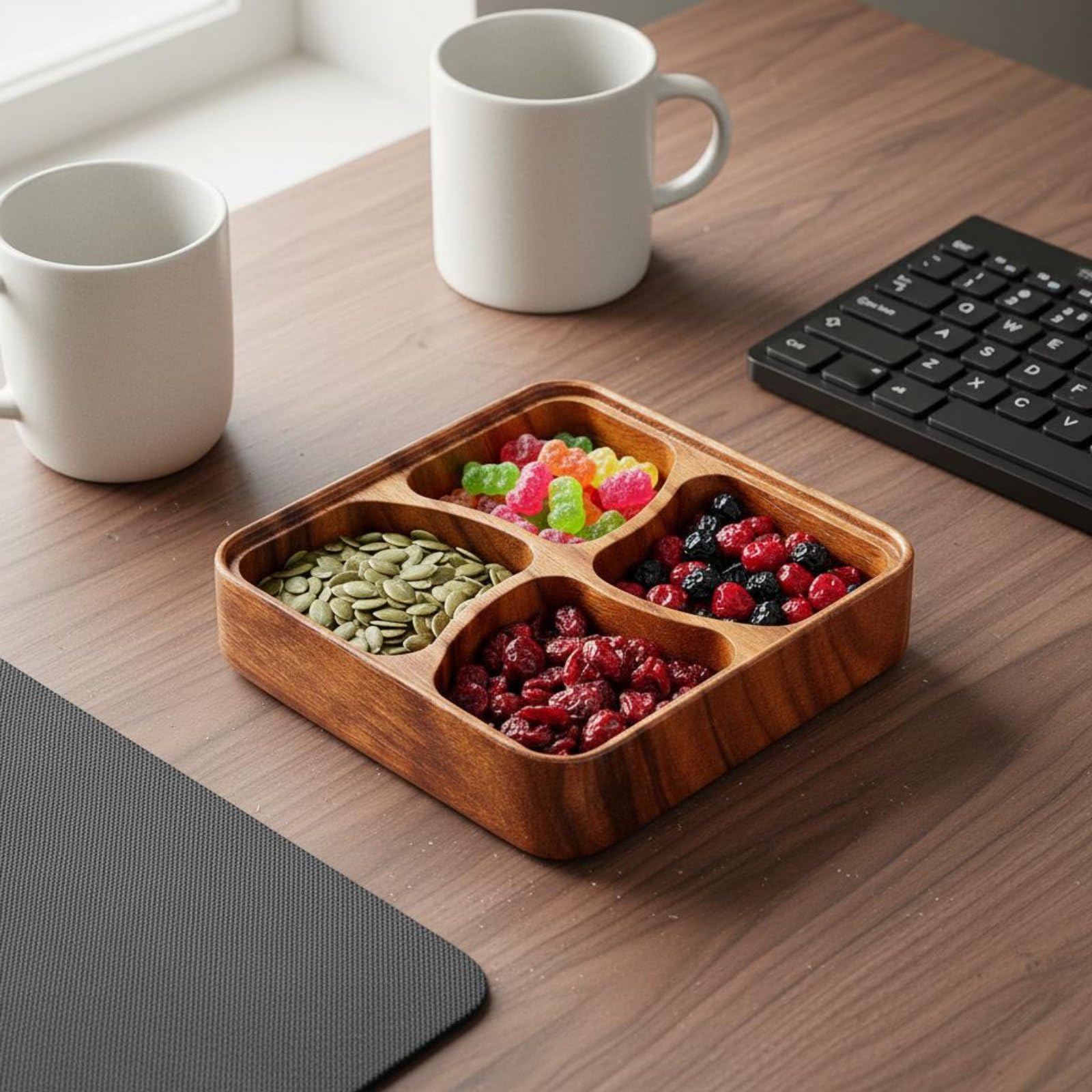 Fünfgeteilte Servierschale Holz Servierteller Snackteller Obstteller Häppchenteller aus Akazienholz mit Rustischem Charme Und Moderner Form für, Fünf-Fächer-Platte