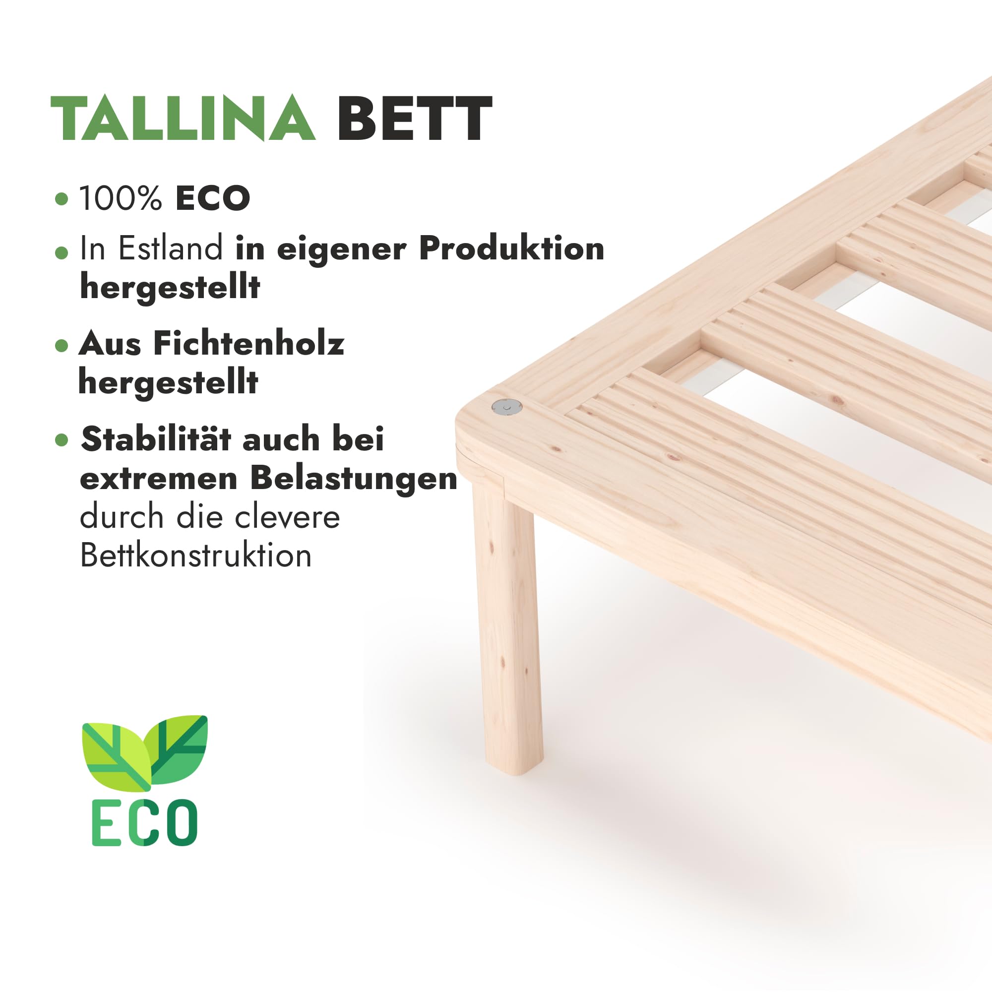 Hansales Bettgestell 90x200 cm Tallina mit Lattenrost, Futonbett aus Massivholz mit Rollrost, stabiles Holzbett belastbar bis 250 kg, FSC®-zertifiziertes Einzelbett mit Lattenrost.