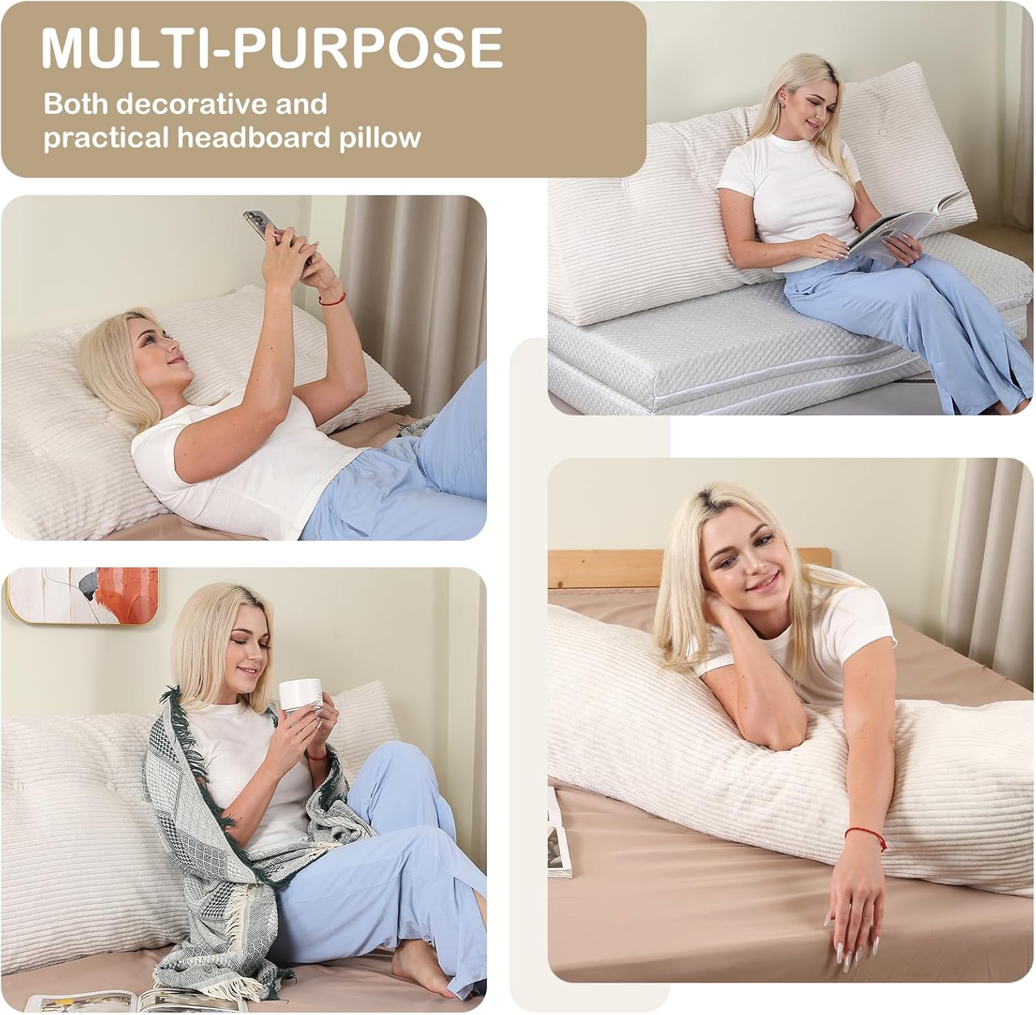 Headboard Pillow Twin, Wedge Headboard Pillow for Bed Sofa, Triangular Backrest Pillow with Removable Cover for Reading, Working, Sitting, Beige