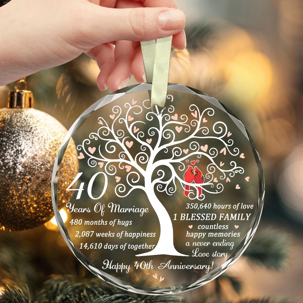 40th Wedding Gift for 40th Anniversary - Ruby Anniversary - 40 Years of Marrige Gift Idea for Couple - Happy 40th Anniversary Glass Ornaments - Gifts for Wife, Husband