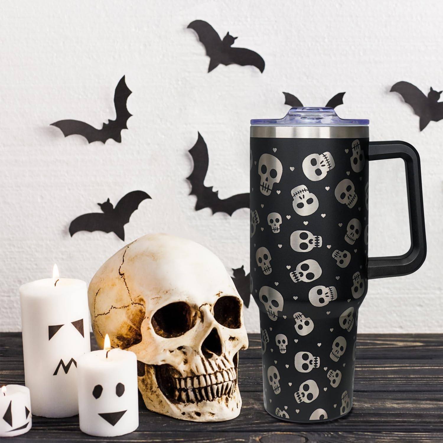 40oz Halloween Tumbler with Handle,Skeleton Coffee Cups with Handle Lid and Straw,Stainless Steel Insulated Travel Mug, Halloween gifts for women & men - Image 2