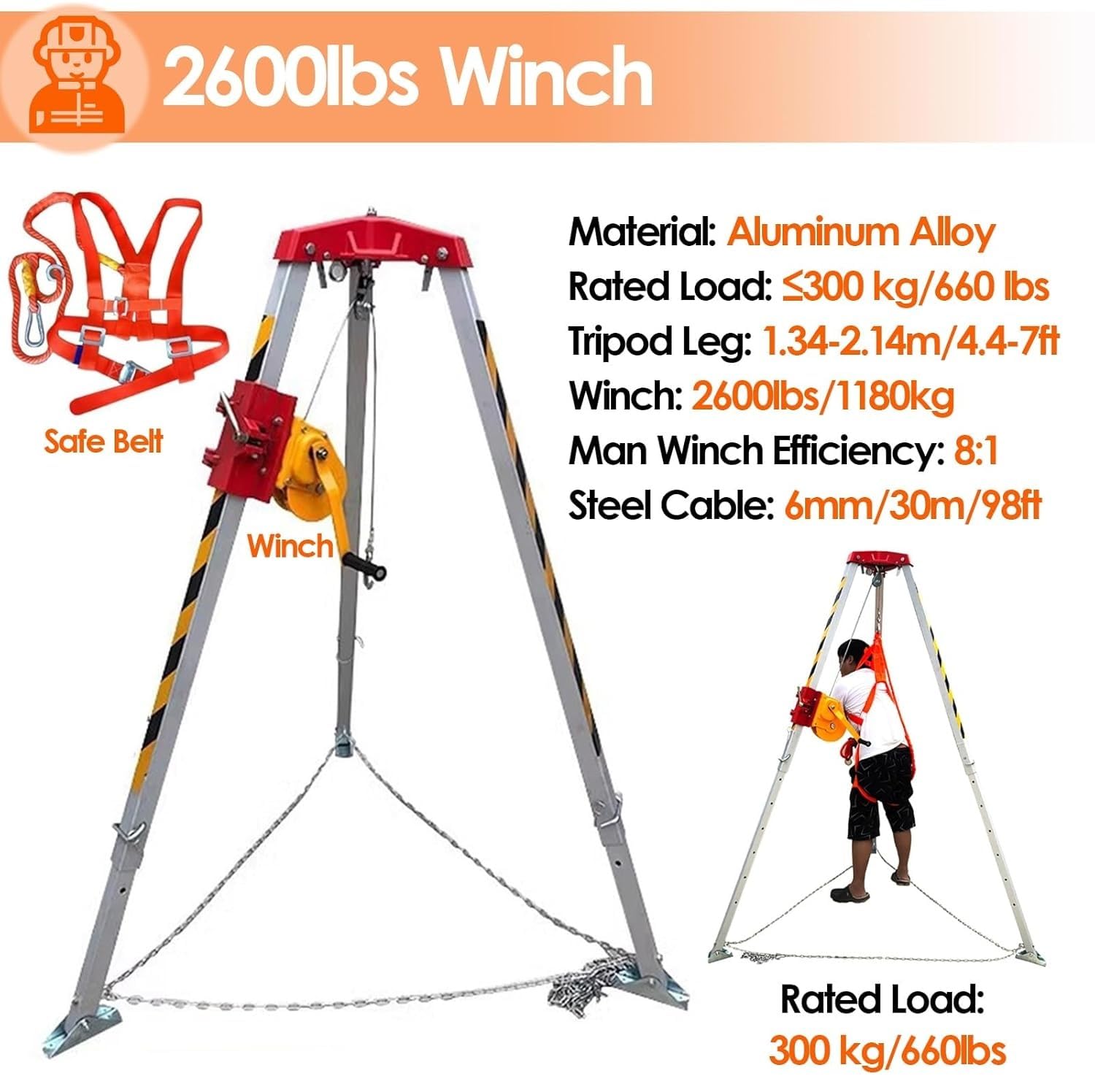 Stativ Winde Stativ Sicherheitsvorrichtung mit 1200lbs/1800lbs/2600lbs Winde, Stativ für beengte Platzverhältnisse für hohe Stellen/Klippen/Tiefe Brunnen(2600lbs(98' Winch))
