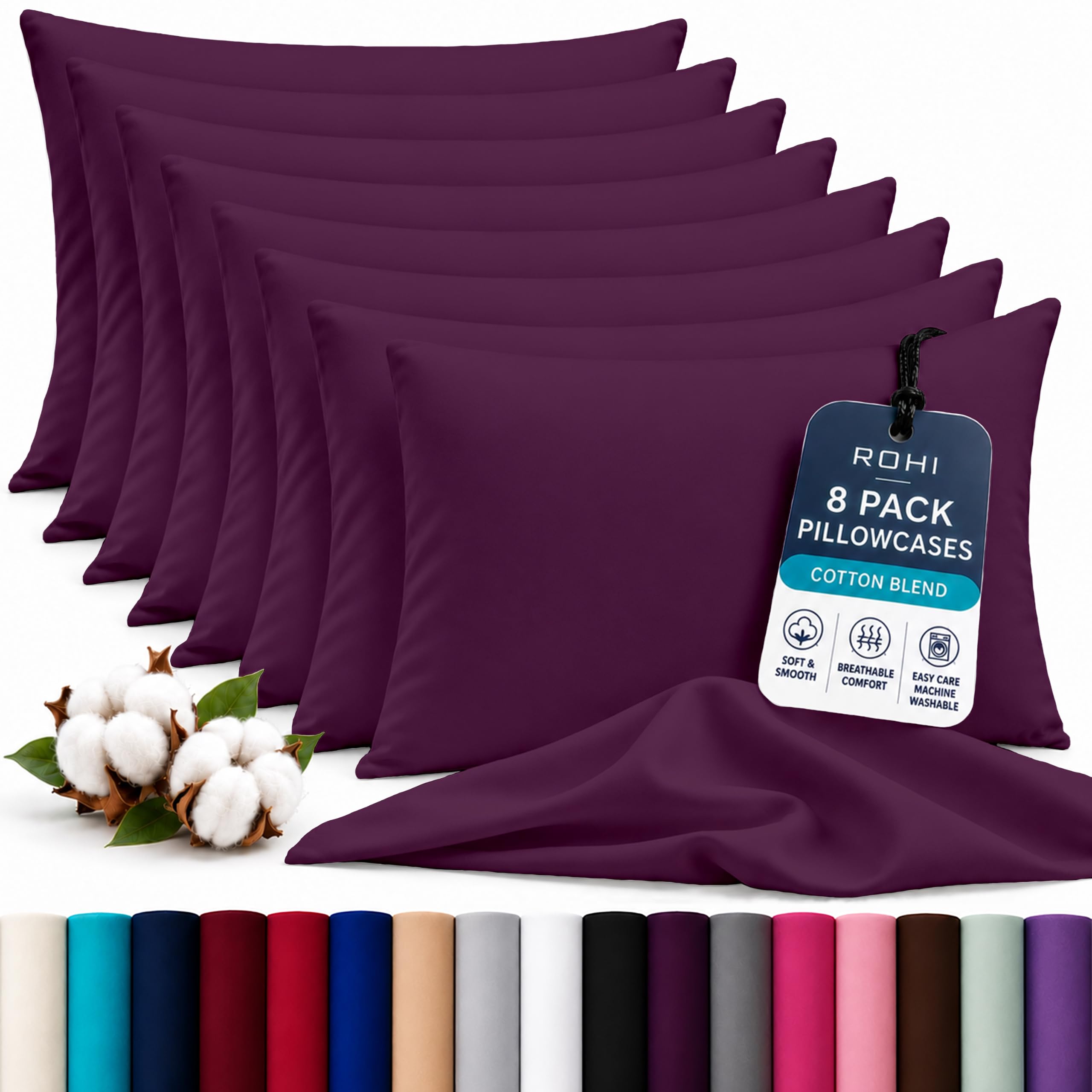 Rohi Luxury Plum Pillow Cases 8 Pack - (50×75cm) | Soft & Comfy Cotton Blend Pillow Covers with Envelope Closure | Breathable, Anti-Allergy, Fade & Wrinkle Resistant