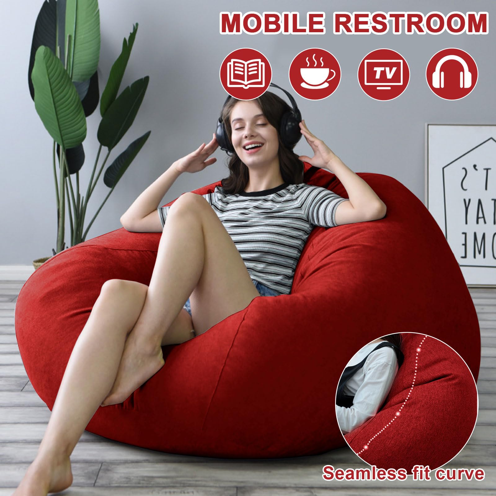 Pouf XL Bean Bag 100 x 120 cm rosso rivestimento esterni con chiusura lampo
