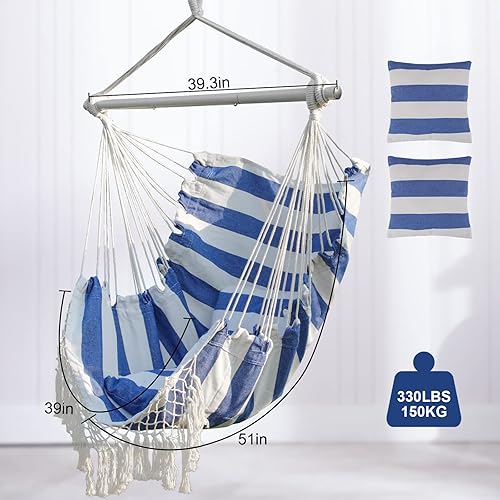 Miniatura 3 de Silla tipo hamaca, asiento de columpio de cuerda colgante con 2 cojines, bolsillo lateral para silla colgante de macramé con varilla de metal de