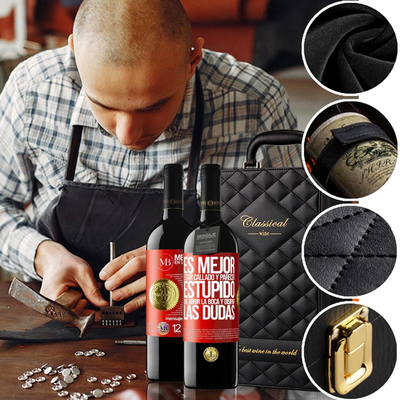 «Es mejor estar callado y parecer estúpido, que abrir...» Mensaje en una Botella. Estuche-Maletín de LUJO 2x Vino Tinto Premium Reserva 12 Meses y Set de 4 Accesorios. Etiqueta Roja PERSONALIZABLE