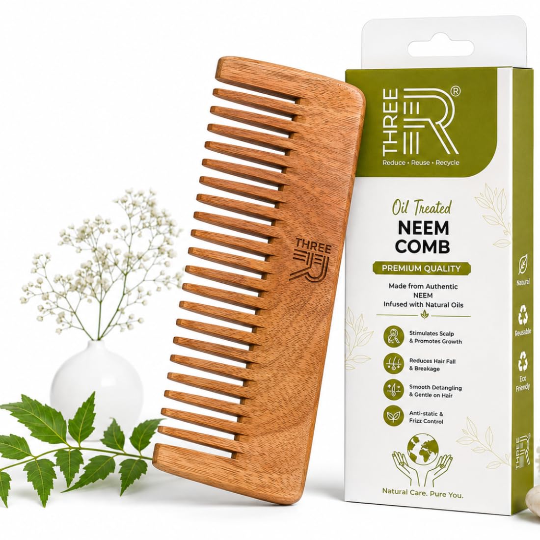 THREE R Neem Wood Wide Tooth Shampoo Comb Natural Detangling Comb for Curly Hair Antibacterial EcoFriendly-image-41