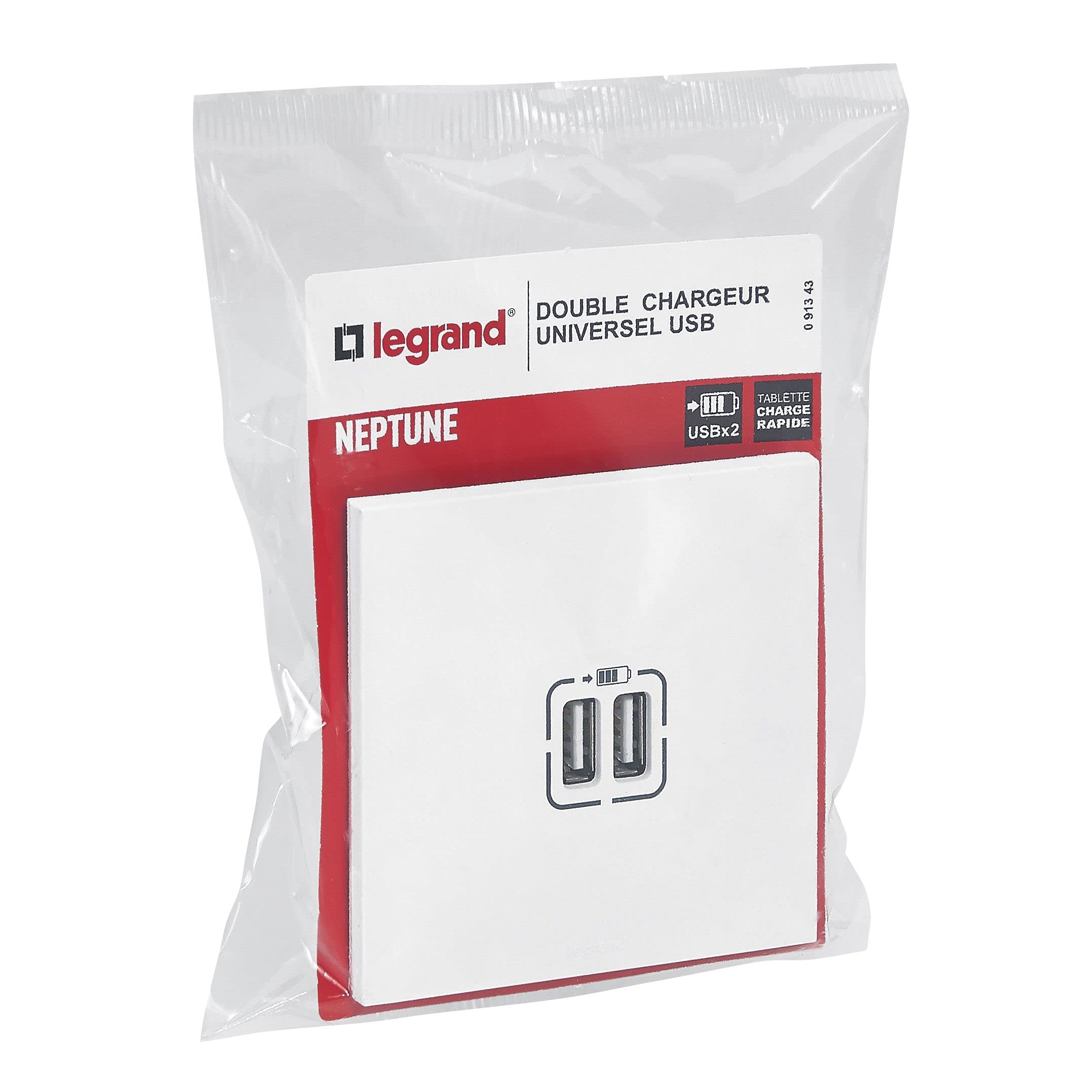 LEGRAND - Prise Double Chargeur USB-A 3A/15W Neptune - Possibilité de Repiquage sur Prise 2P+T - Blanc (Lot de 4)