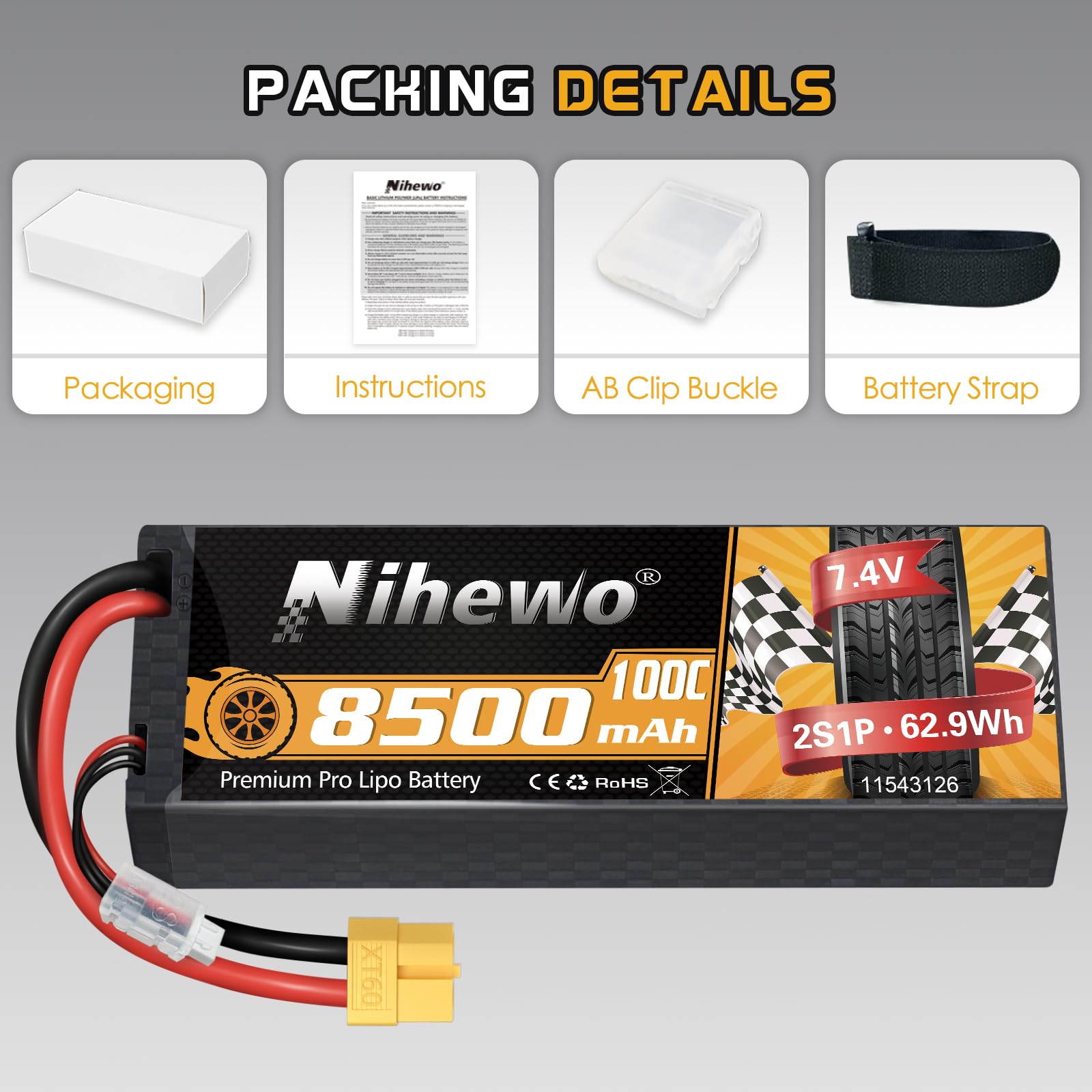 7,4V LiPo Akku 2S 8500mAh 100C Hardcase XT60 für RC Fahrzeuge 2Stück | 8500mAh 7,4V RC Akku 100C Hardcase XT60-Stecker kompatibel mit Arrma Axial 1/8 1/10 RC Auto LKW Buggy Drohne Boot Modellen