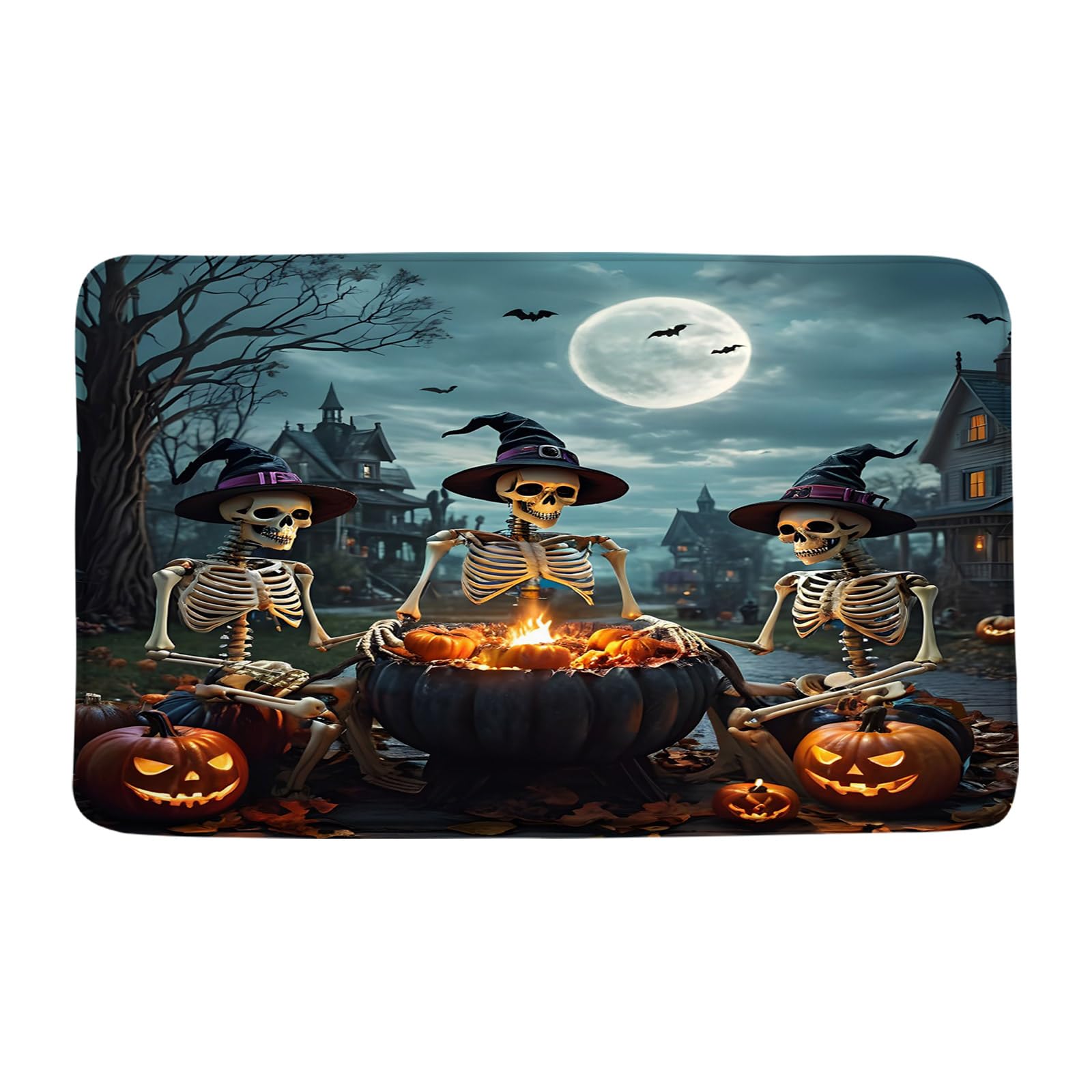 Funny Halloween Skull Bath Mat Witchy Party Courtyard Skeleton Gothic Spooky Night Castle Dead Tree Moon Crow Raven