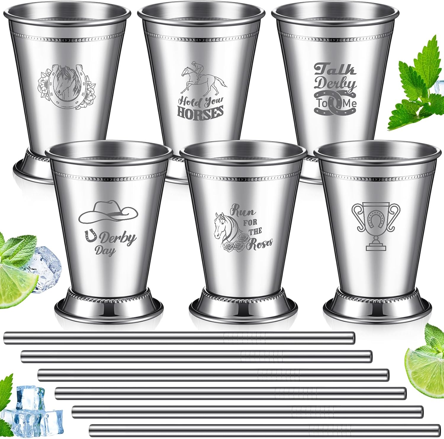 6 Pack Mint Julep Cups with Straws 12 oz Stainless Steel Drinking Cups Metal Cocktail Glasses Beaded Mint Julep for Horse Racing Derby Party Supplies
