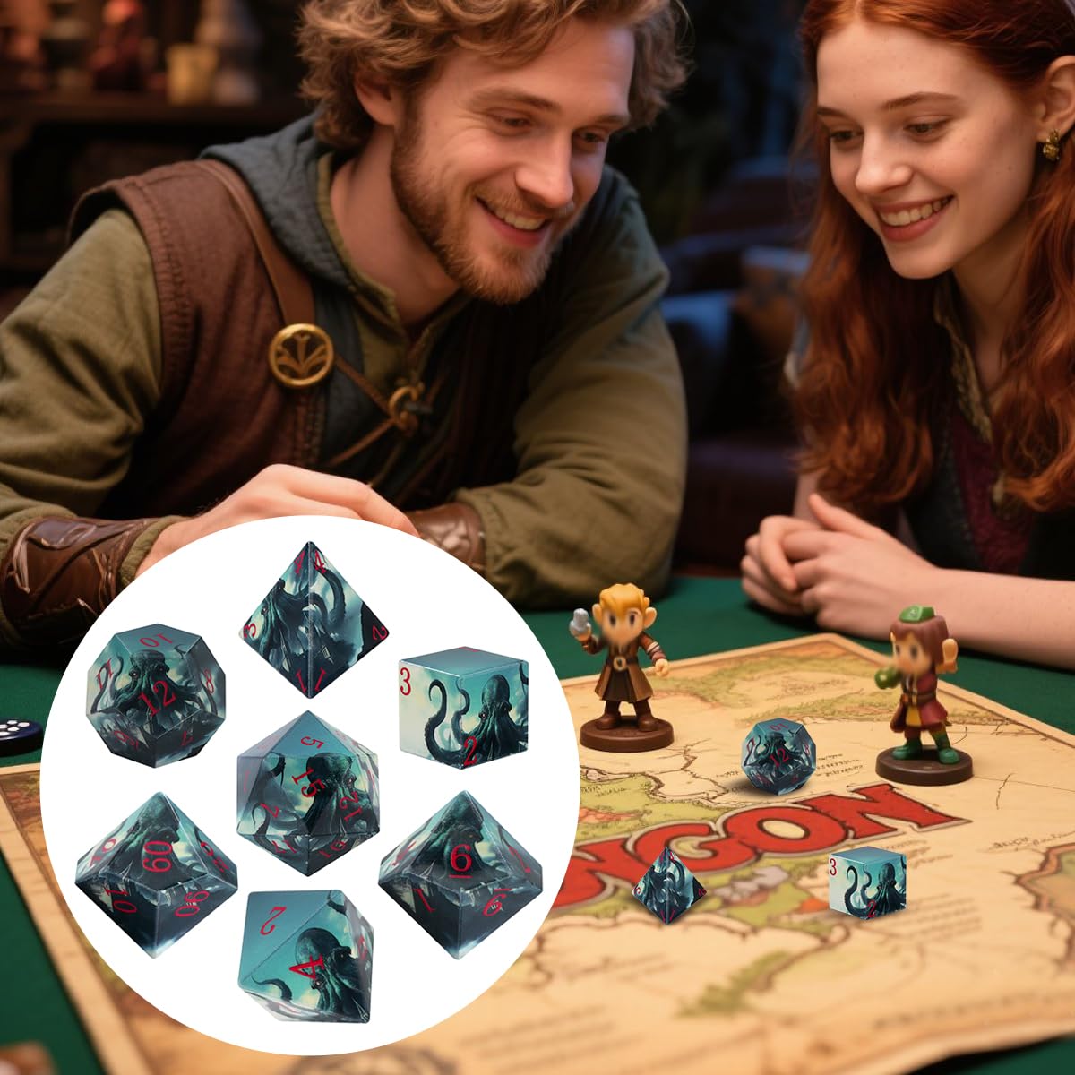 Octopus Themed Polyhedral Dice, 7Pcs DND Dice Set, Dnd Starter Set including Velvet Gift Bag - Image 2