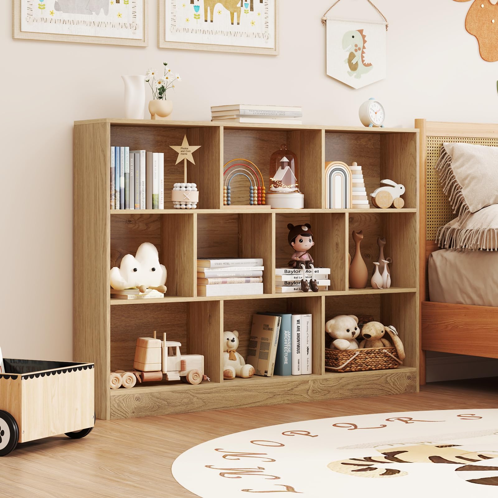 IFANNY Toy Storage Organizer, Kids Bookshelf with 10 Cubes, Playroom Toy Shelf Organization and Storage, Wood Children’s Bookcase, Book Shelf for Kids Rooms, Living Room, Nursery (Natural, 55'')