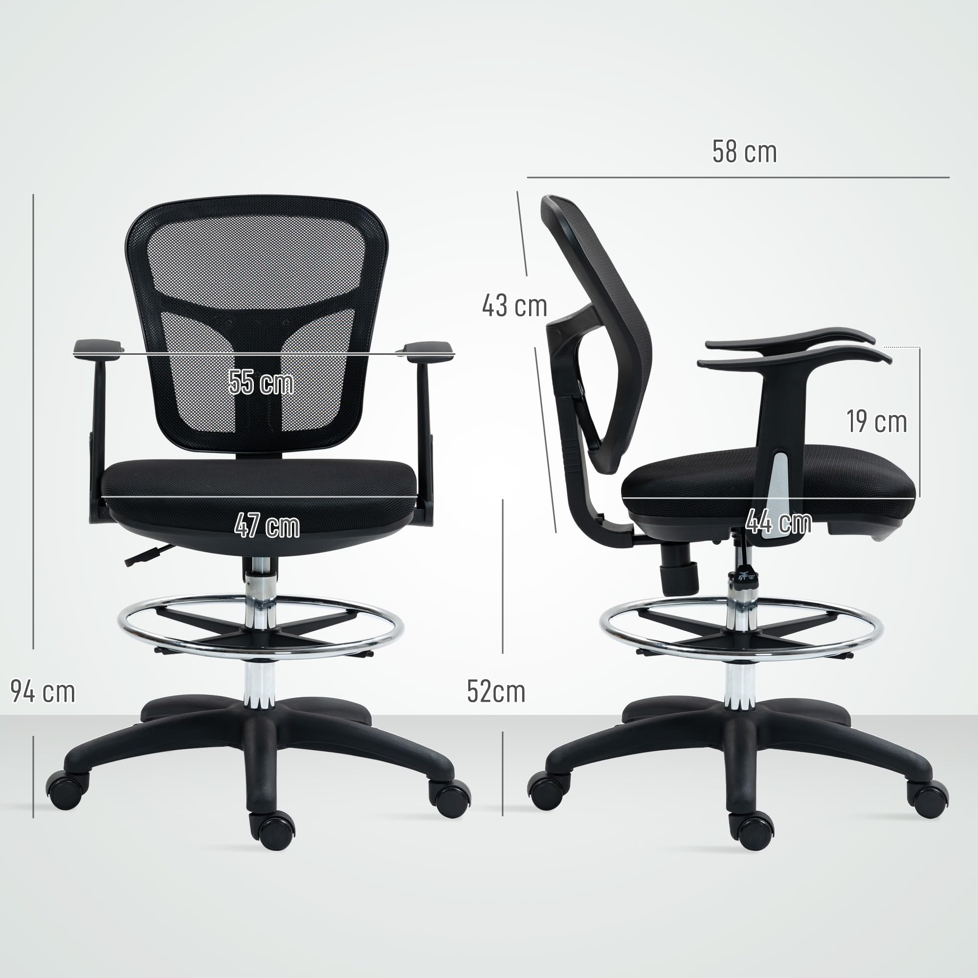 SONGMICS Sedia da Ufficio, Sedia a Rete Girevole, Altezza e Poggiapiedi Regolabili, Sedia da Pittura, Ergonomica, con Braccioli, Capacità di Carico 120 kg, Nero OBN25BK