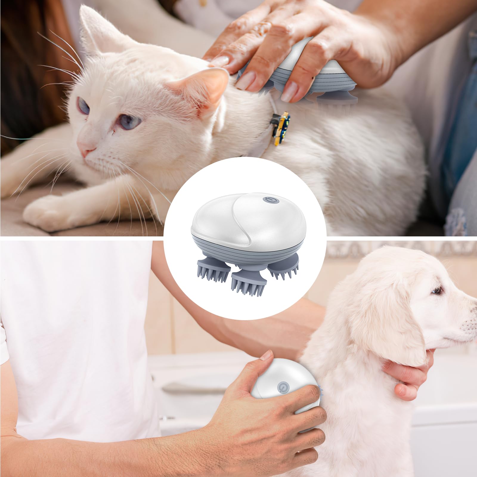ORIA Masseur Électrique pour Tête et Cuir Chevelu, 3 Modes de Pétrissage, IPX6 Imperméable, Sans Fil avec 96 Contacts en Silicone, Massage Relaxant Rechargeable pour Chiens et Chats - Blanc