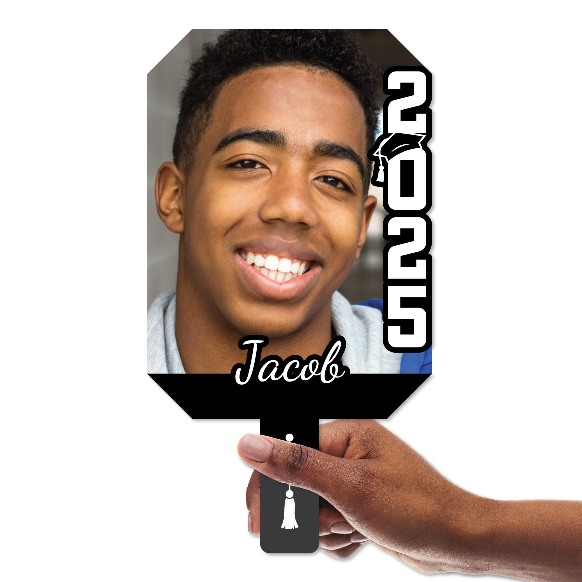 Big Dot of Happiness Custom Black Grad, Class of 2025 Face Fans with Handles, Personalized Grad Big Head on Stick, Graduation Face Cutouts, Party Photo Booth Props, Black 6pc