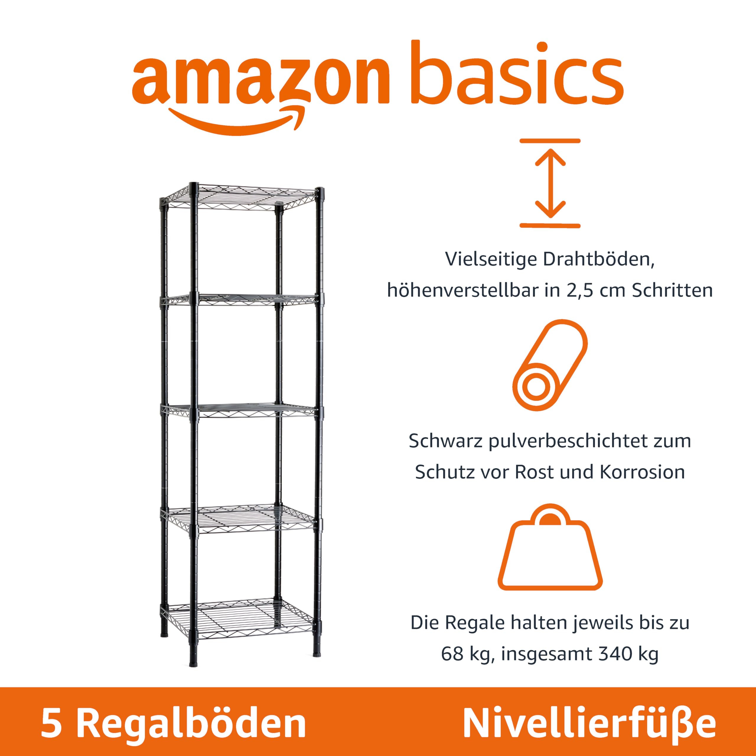 Amazon Basics Verstellbares Turmregal mit 5 Regalböden, Lagereinheit, Schwarz, 40.6 x 40.6 x 137.2 cm (T x B x H)