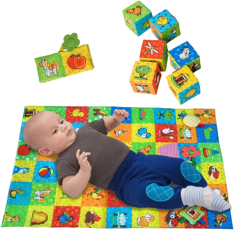 MACIK PlayingMat+6 soft blocks for baby Toy SET+Book-teether-rattle-crinkle-squeak- Baby teething toys infant toys 3-6 months Baby stacking toys 9 month baby toys Newborn toys baby Soft toys Chew toys